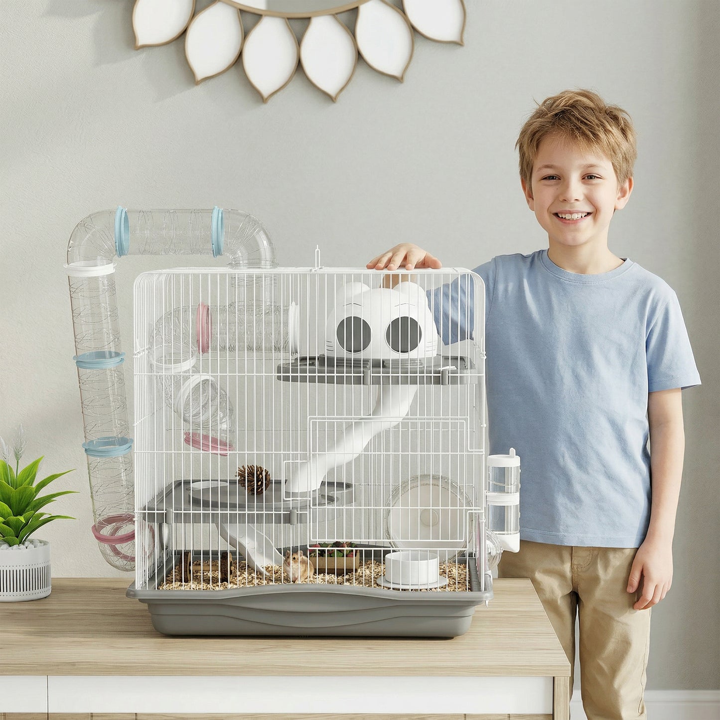 3-Tier Hamster Cage with Exercise Wheels, Water Bottle, Food Dish, for Dwarf Hamsters, 45 x 30 x 45 cm, Grey