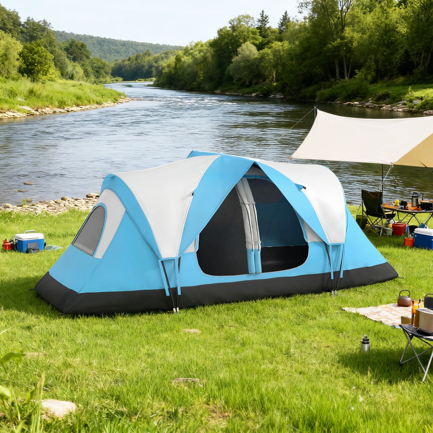 Camping Tent for 6 Man with 2000mm Water Resistant Rainfly and Carry Bag for Fishing Hiking Festival, Sky Blue