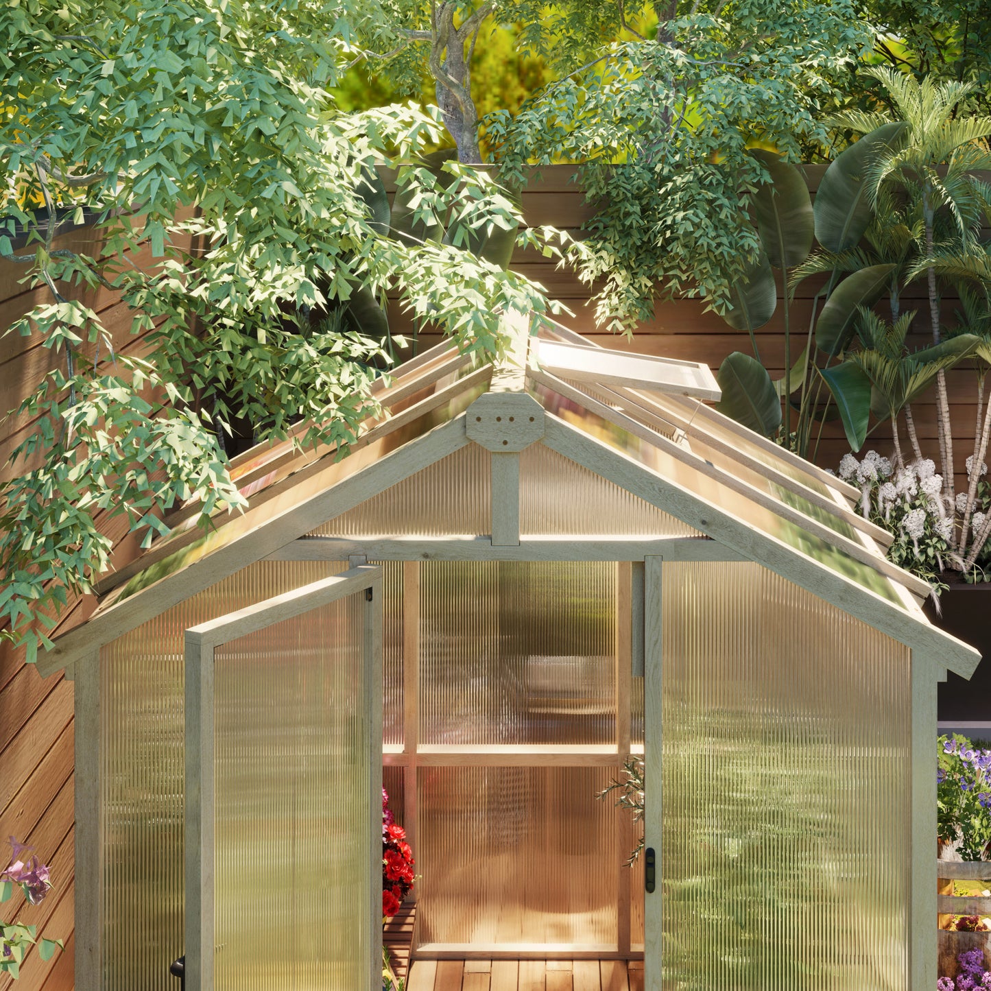 6.6 x 6ft Polycarbonate Greenhouse, Walk-in Wooden Greenhouse with Lockable Door and Window, Garden Plants Grow House, Brown