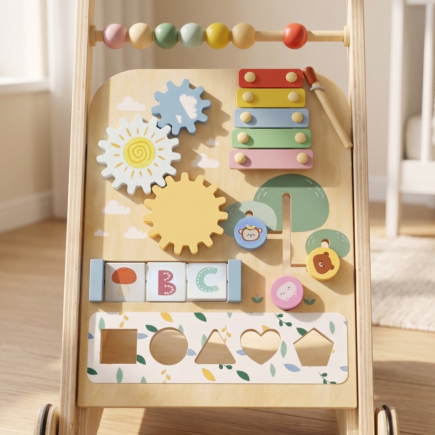 Wooden Baby Walker, Toddler Push Along Walker with Speed Control, Activity Centre and 5 Blocks for 18 Months+, Natural