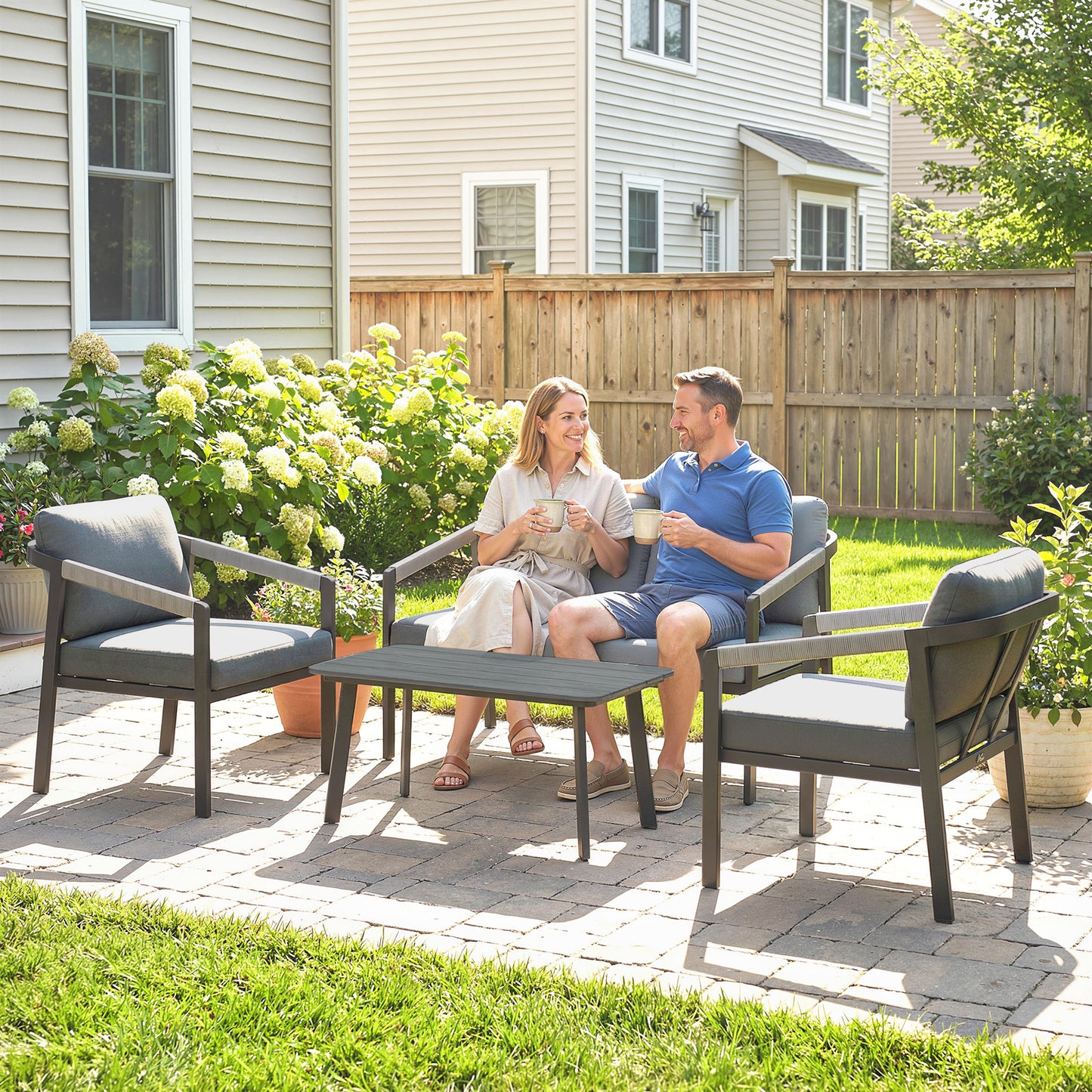 Aluminium Garden Furniture Set, 4 Seater Outdoor Patio Furniture with Loveseat, 2 Armchairs, Slatted Table