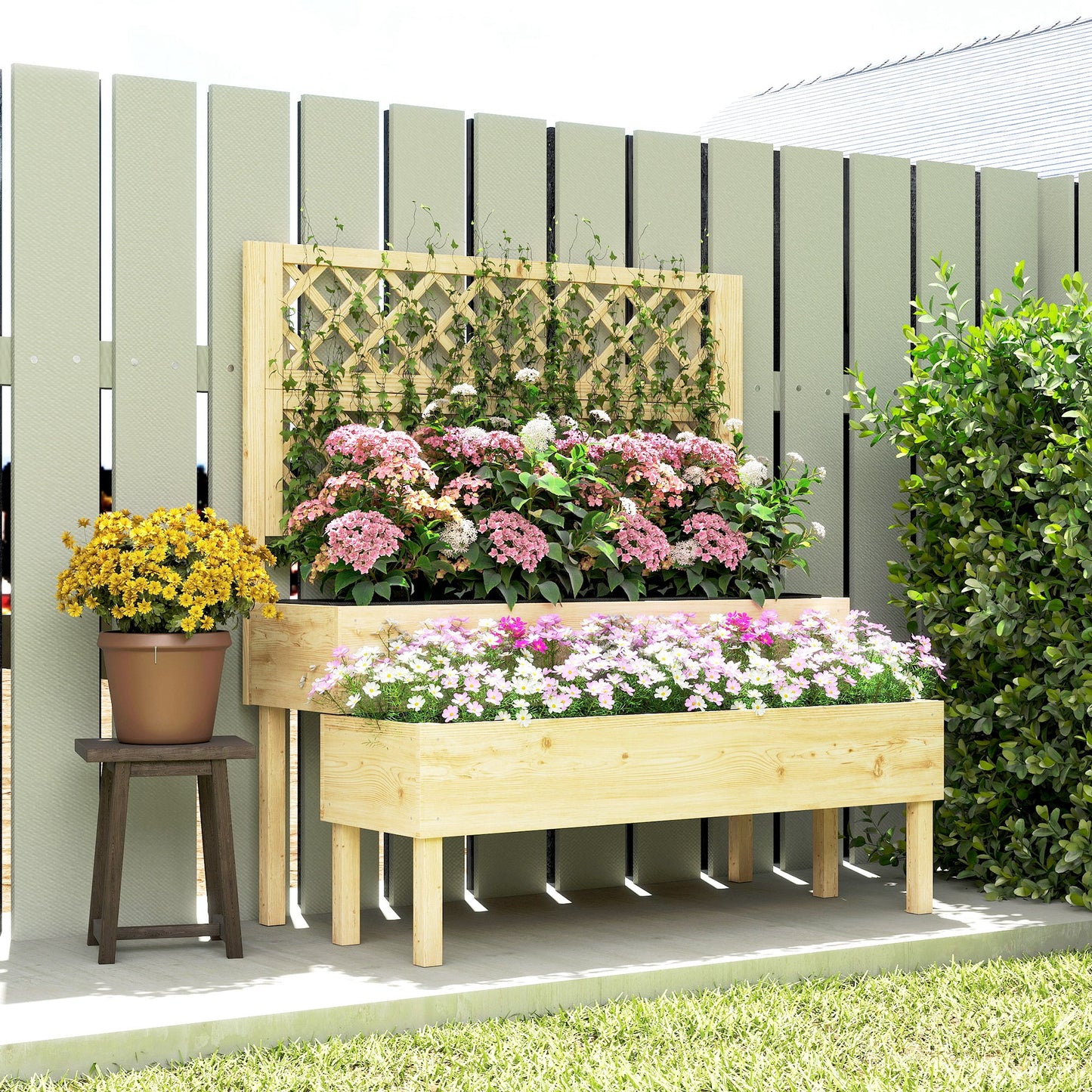 Raised Garden Bed 2-Tier Stepped Design Planter Box with Trellis for Climbing Plants 108x62x120 cm