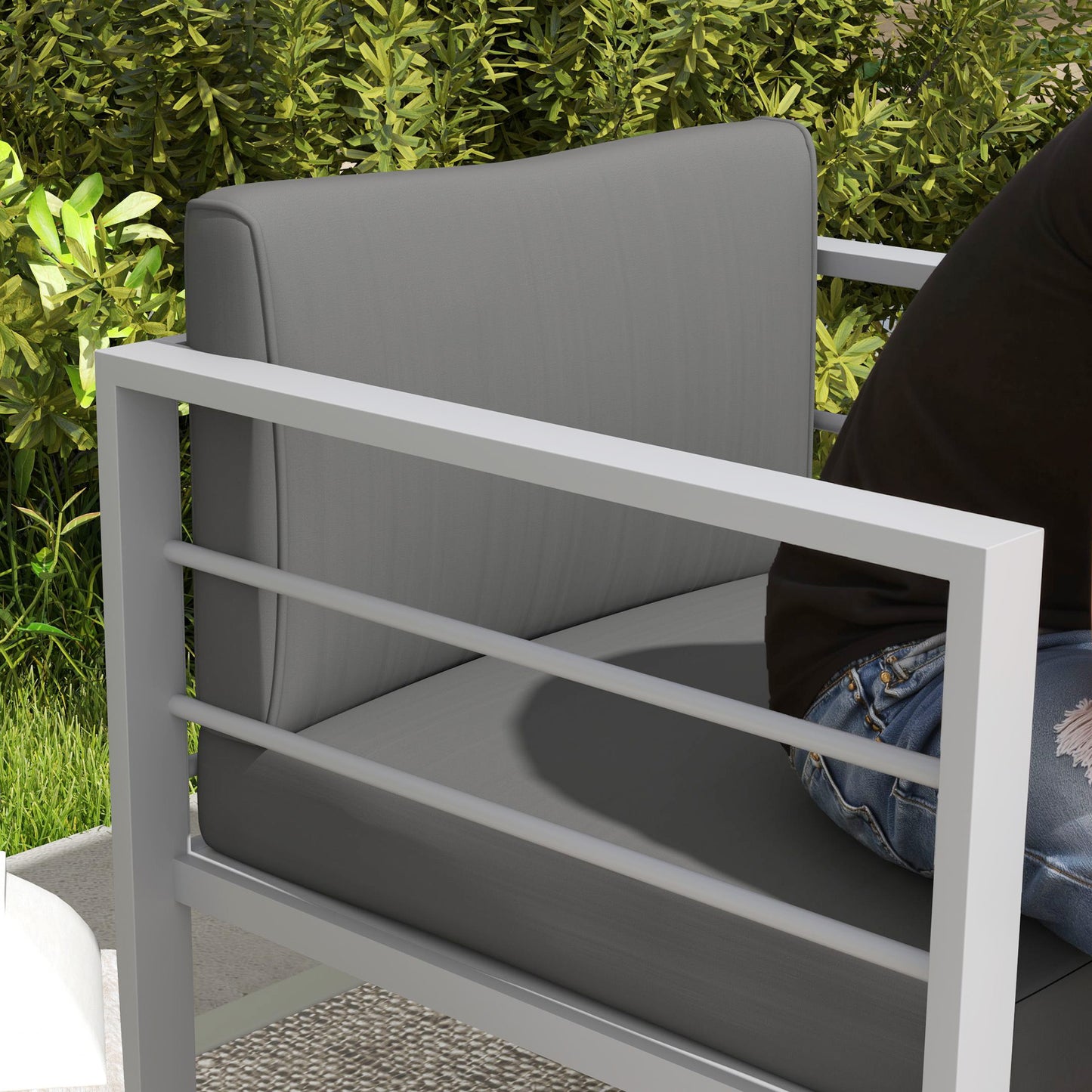 Garden Sofa, All-Weather Garden Single Sofa with Removable Cushions, Metal Frame Outdoor Furniture for Balcony, Charcoal Grey