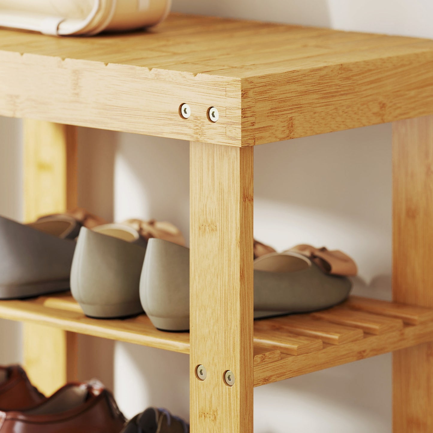 Two Shelf Bamboo Shoe Storage Bench - Natural Finish