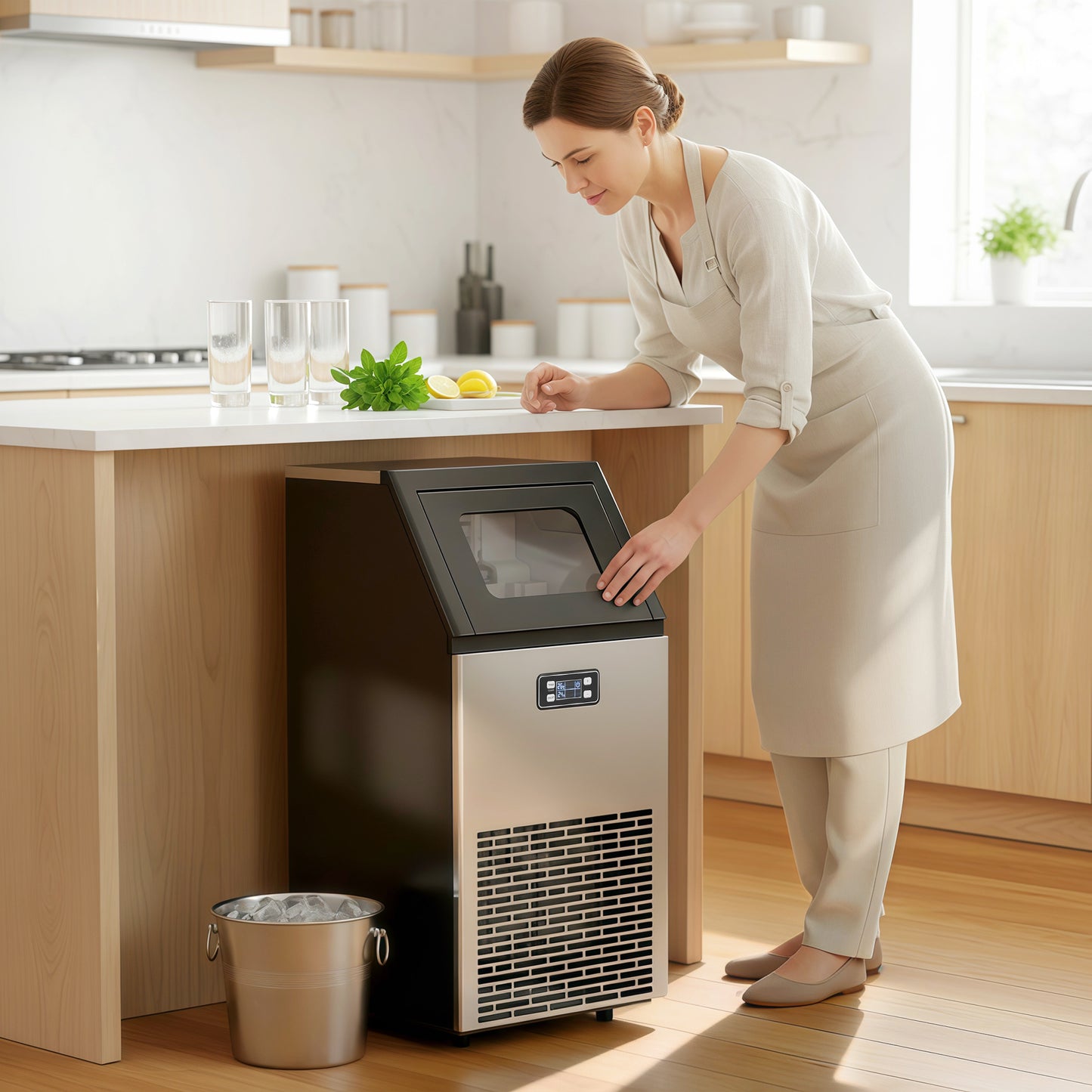 Commercial Ice Maker Machine, Freestanding Stainless Steel Ice Machine with Self-Cleaning, LCD Display