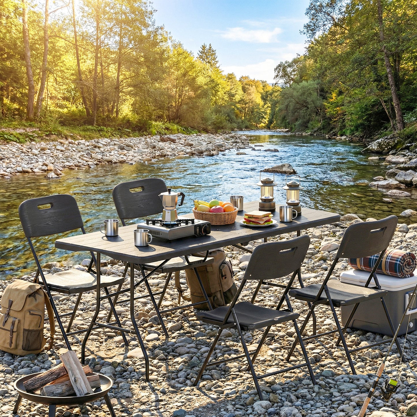 5 Piece 6ft Foldable Table and Chairs, Portable Picnic Table Set with 4 Chairs, Waterproof Top and Steel Frame, Black