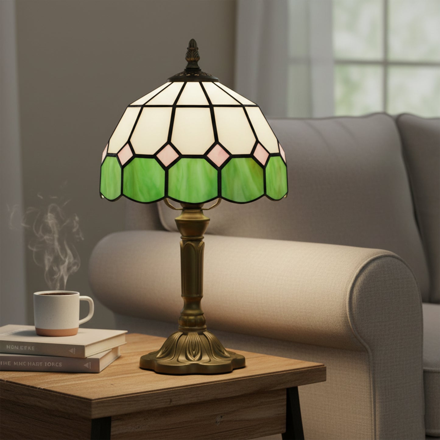 Handmade Art Deco Glass Table Lamp - White/Green