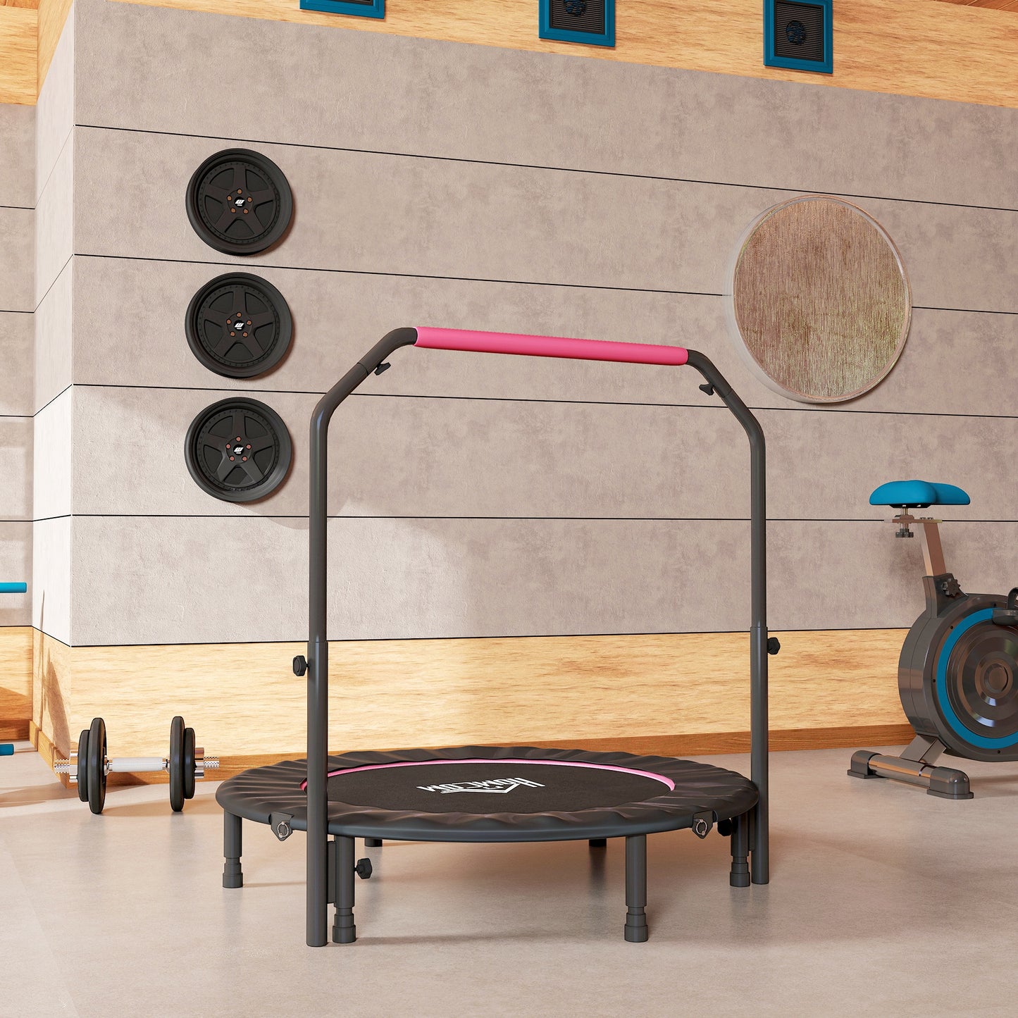 48" Foldable Mini Fitness Trampoline, with Adjustable Foam Handle, Pink
