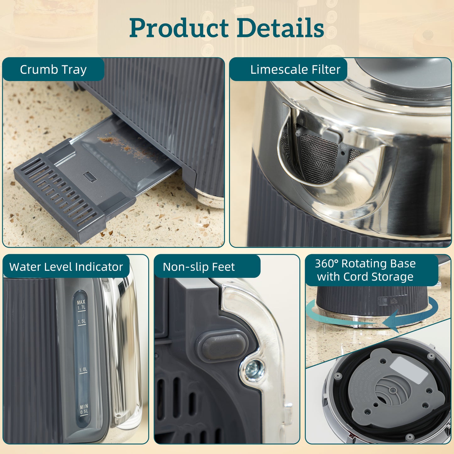 Electric Stainless Steel Kettle and Toaster Set, 3000W 1.7L UK Strix Thermostat Fast Boil Kettle w/ Limescale Filter