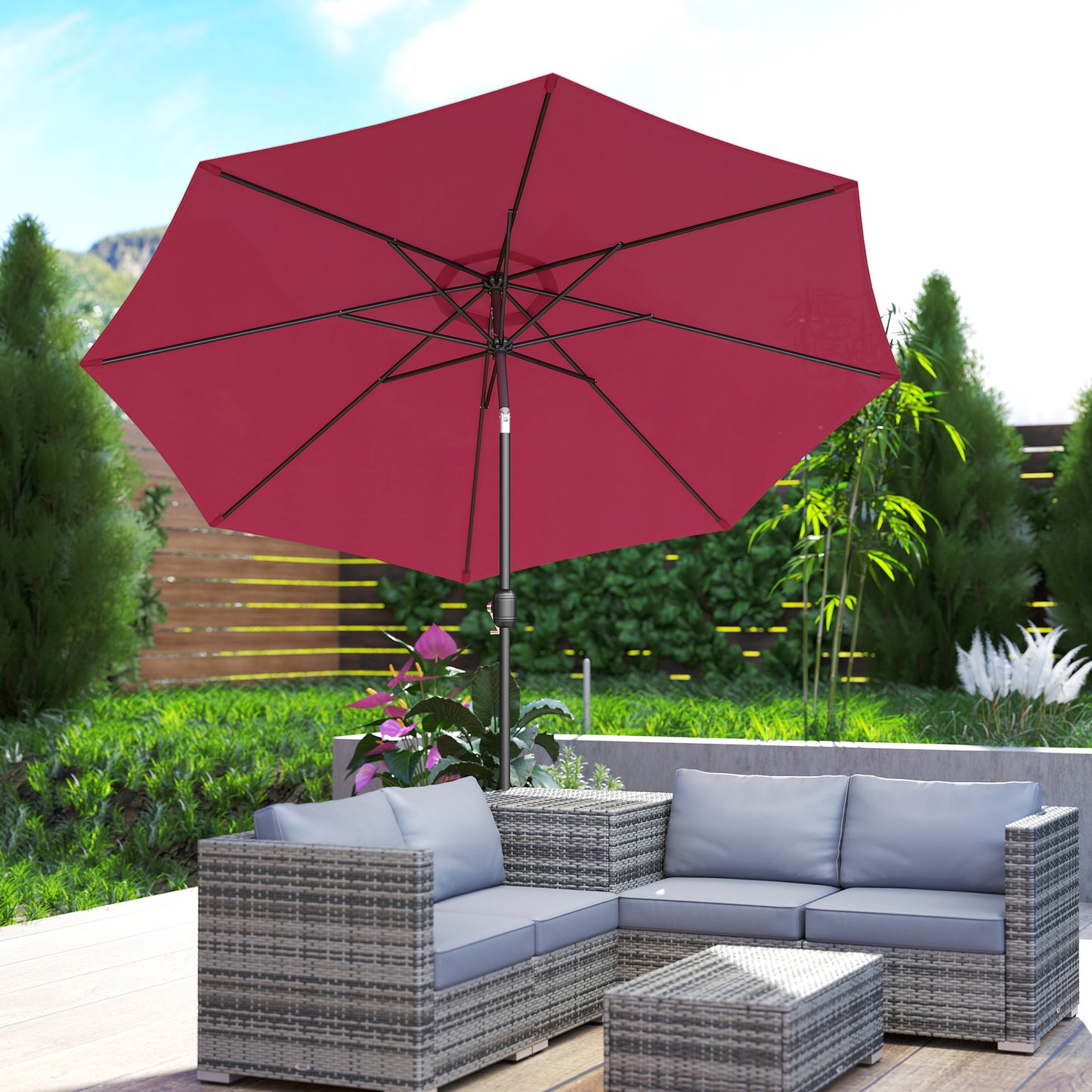 3(m) Tilting Parasol Garden Umbrellas, Outdoor Sun Shade with 8 Ribs, Tilt and Crank Handle for Balcony, Bench, Garden