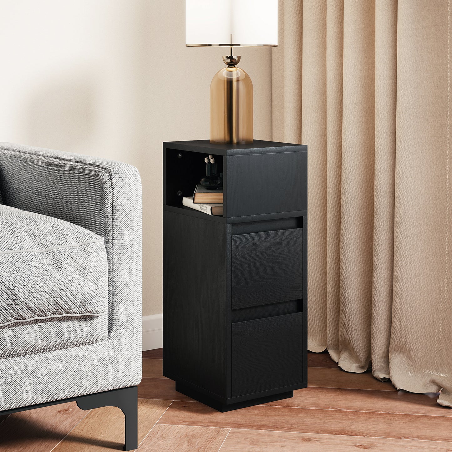 Slim Bedside Table, Narrow Bedside Cabinet with Open Shelf and 2 Drawers for Bedroom, Living Room, Black