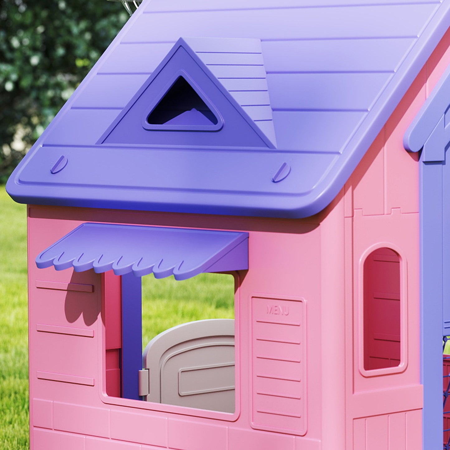 5-in-1 Playhouse for Kids Outdoor Indoor with Basketball Hoop, Football Goal, Dartboard, Ring Toss for 2-5 Years, Pink