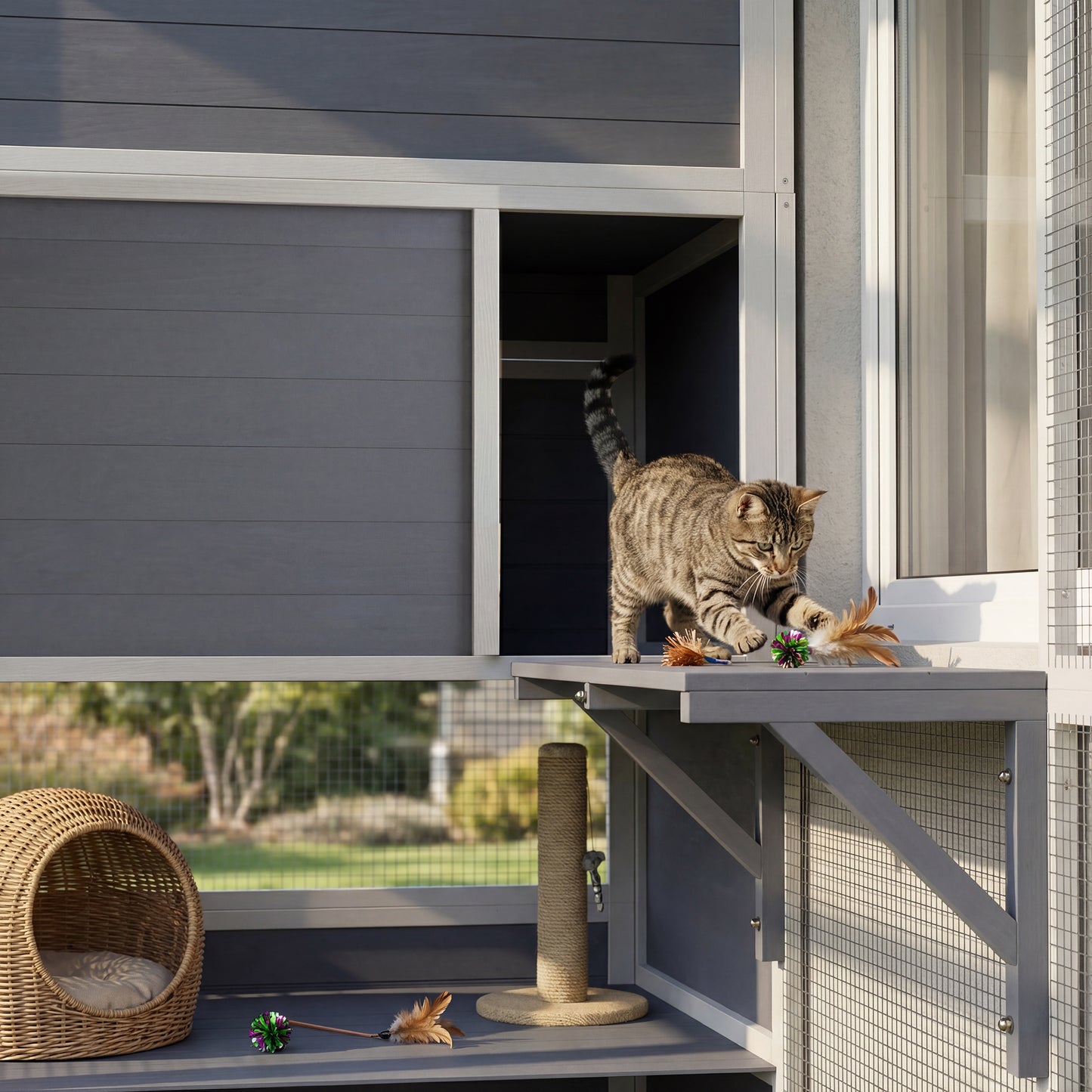 4-Tier Wooden Catio Cat Outdoor Enclosure with Sun Roof, Resting Rooms, 3 Platforms, Window Outdoor Indoor, Grey