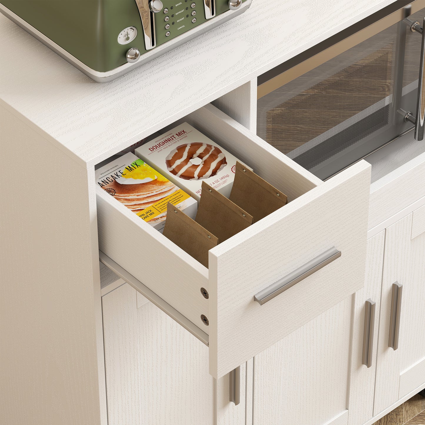 Rolling Kitchen Cart, Microwave Cabinet with Sliding Tray, Drawer, 3-Door Cupboards, Adjustable Shelf, White