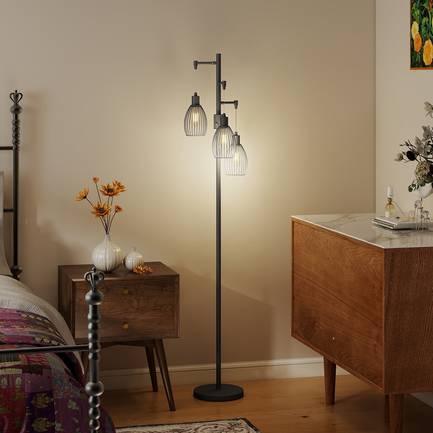 3-Light LED Floor Lamp, 170cm Industrial Dimmable Standing Lamp with Steel Wire Cage Lampshades, 2700K for Living Room
