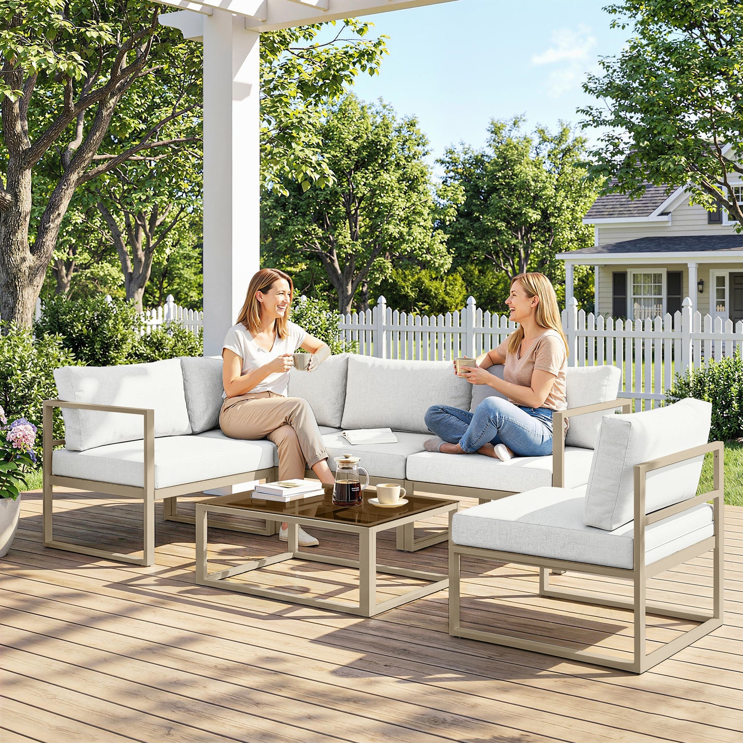 5 Seater Aluminium Garden Furniture Set, Garden Sofa Set with Thick Cushions for Patio and Balcony, Outdoor, White