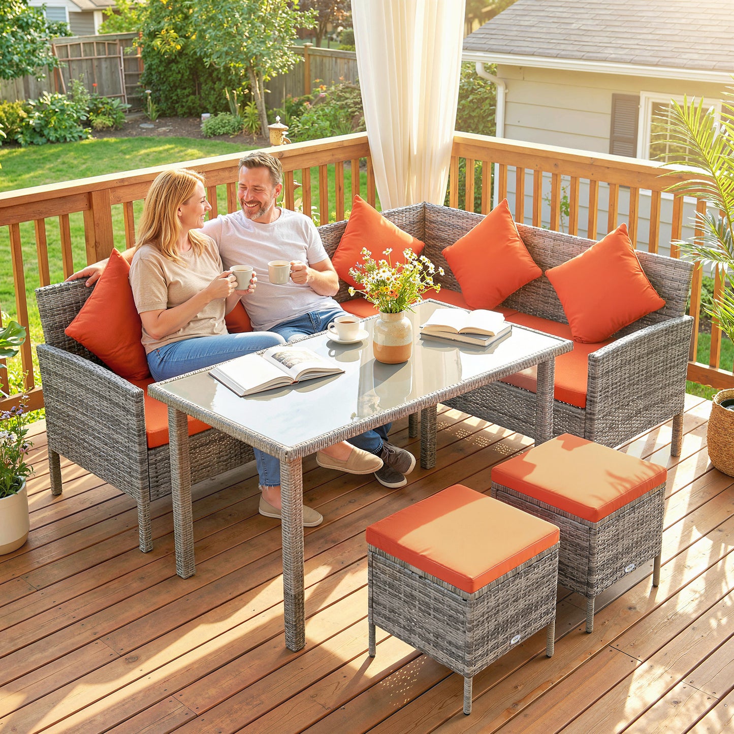 6-Seater Rattan Dining Set Sofa Table Footstool Outdoor w/ Cushion Garden Furniture, Orange