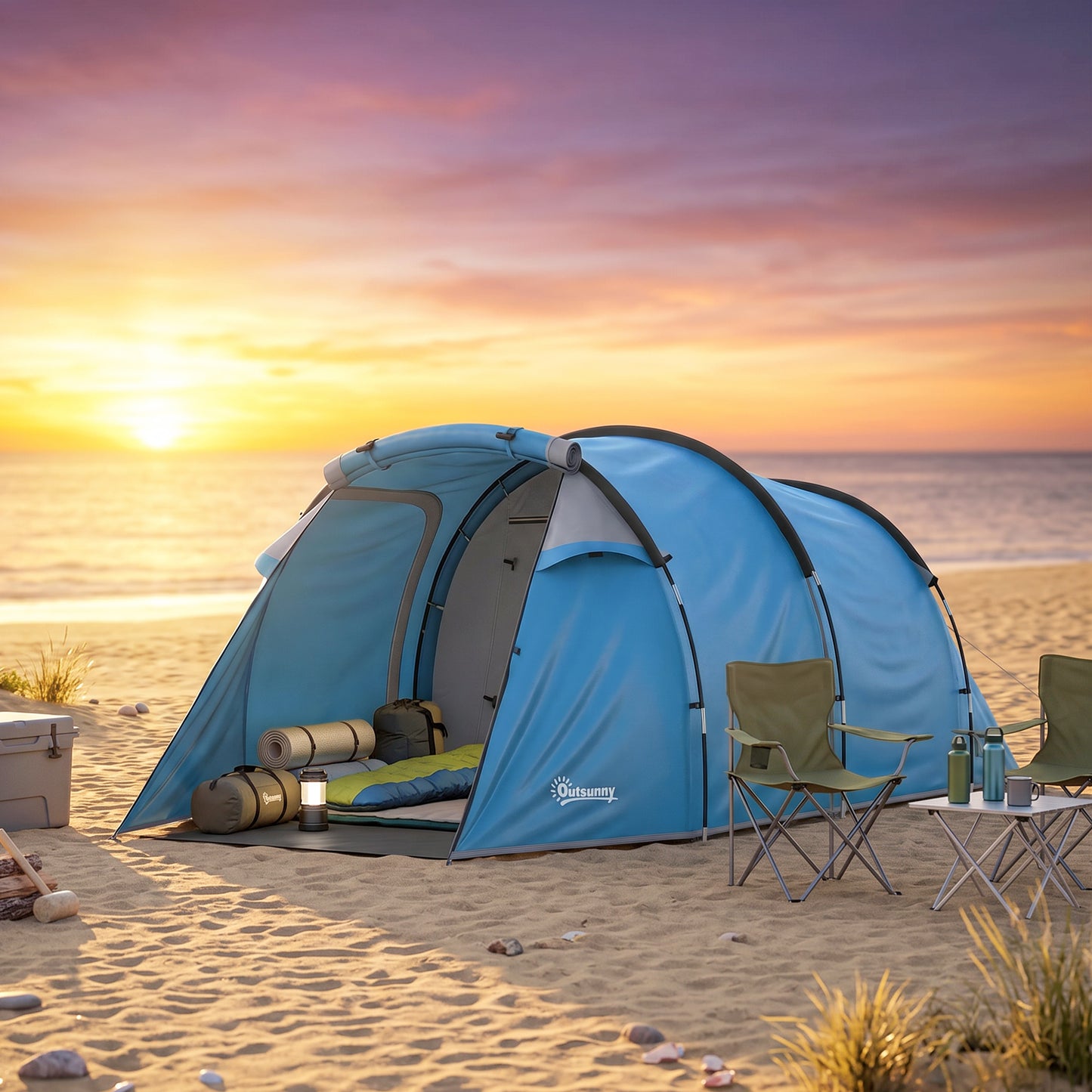 2 Man Tunnel Tent with Sewn-in Groundsheet, Air Vents, Rainfly, 2000mm Large Camping Tent with Bedroom, Porch