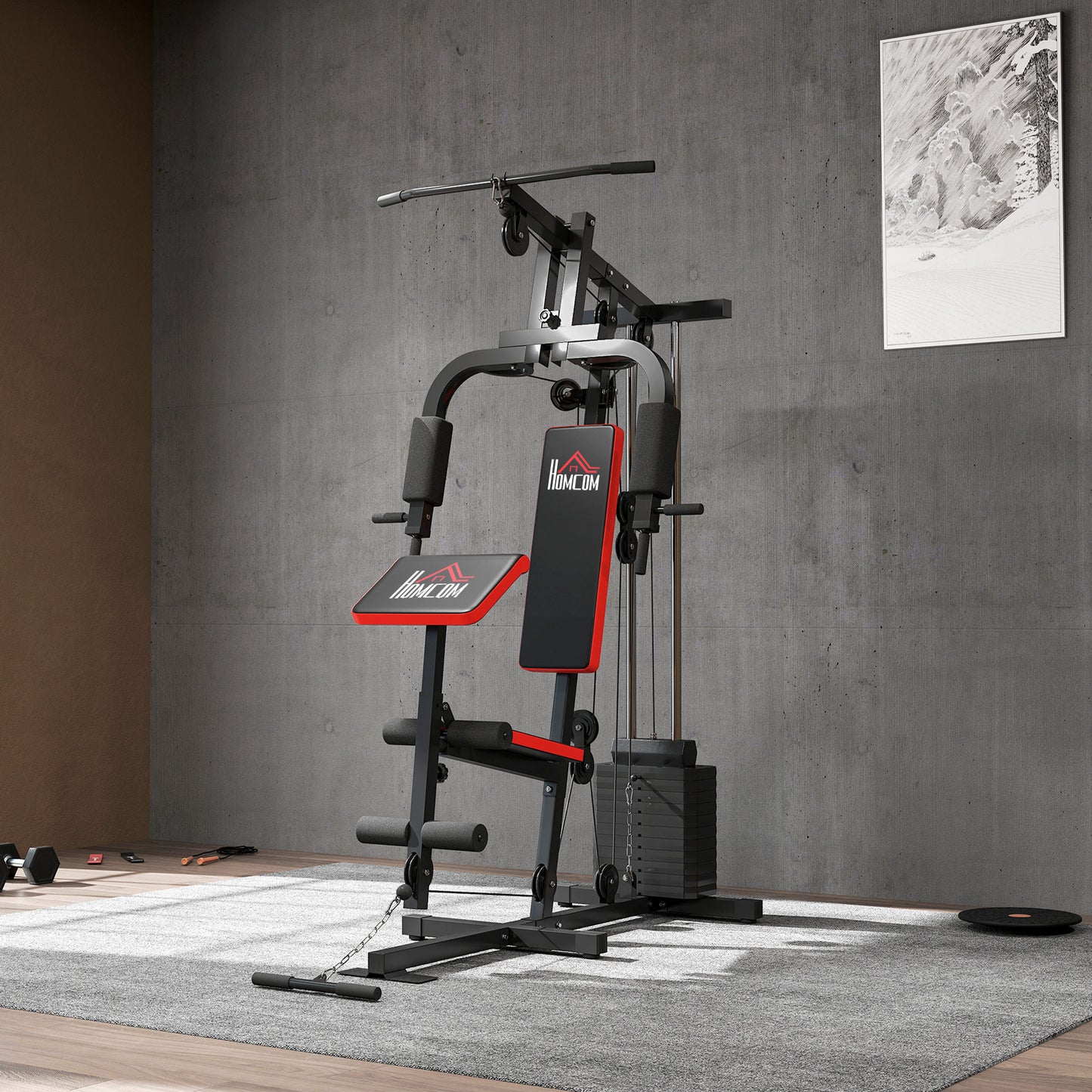 Multigym Station, with 66KG Weight Stack, for Strength Training - Red & Black