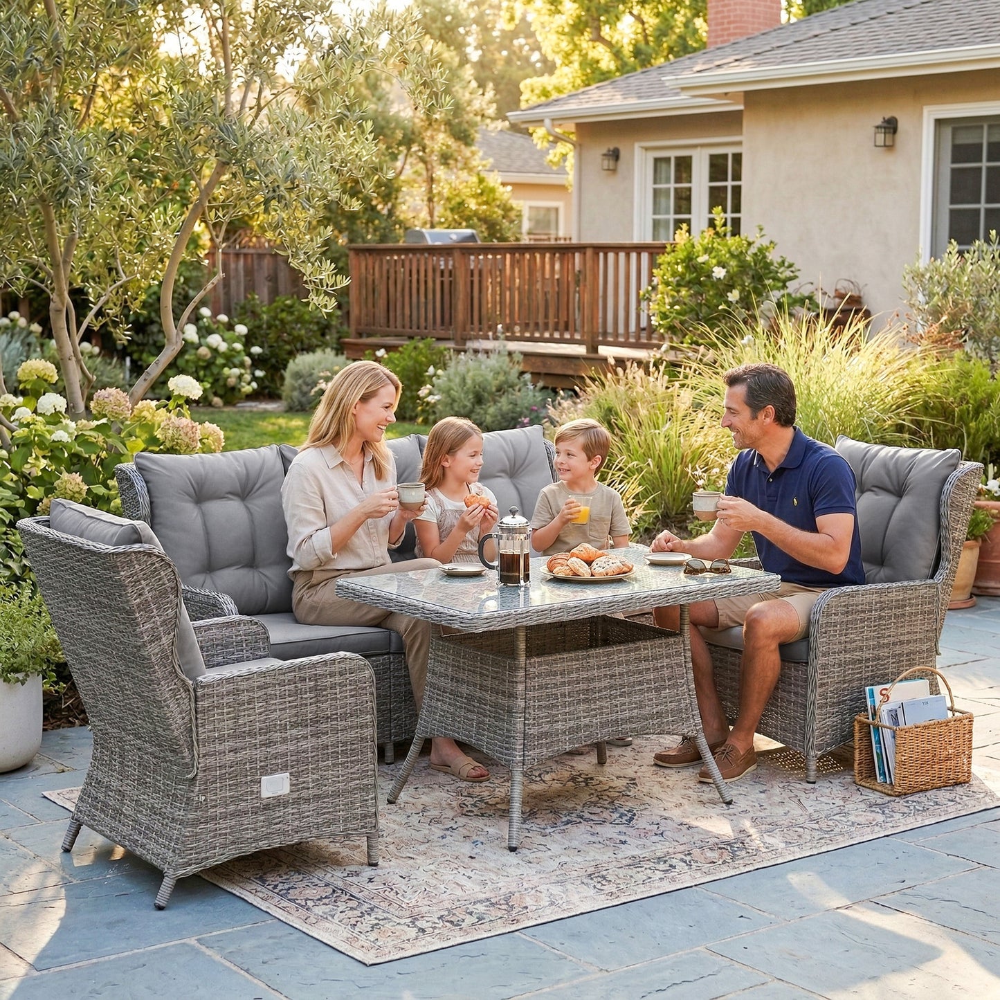 5 Seater Rattan Garden Furniture Set with Sofa, Reclining Chairs, Table, Patio Rattan Furniture Sofa Sets, Grey