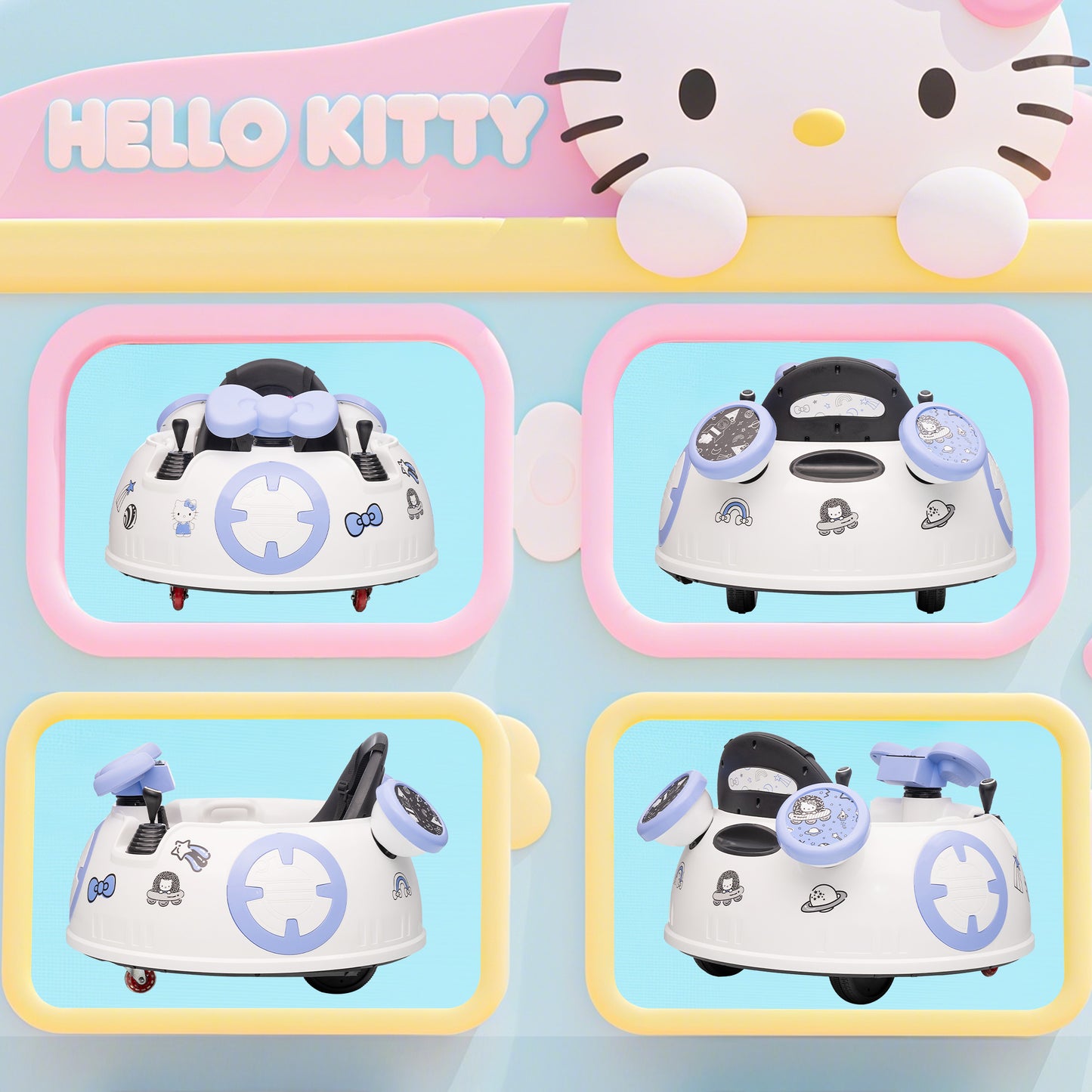 Hello Kitty Kids Ride on Bumper Car with Remote Control, Two Joysticks, Music, Lights, Safety Belt, White