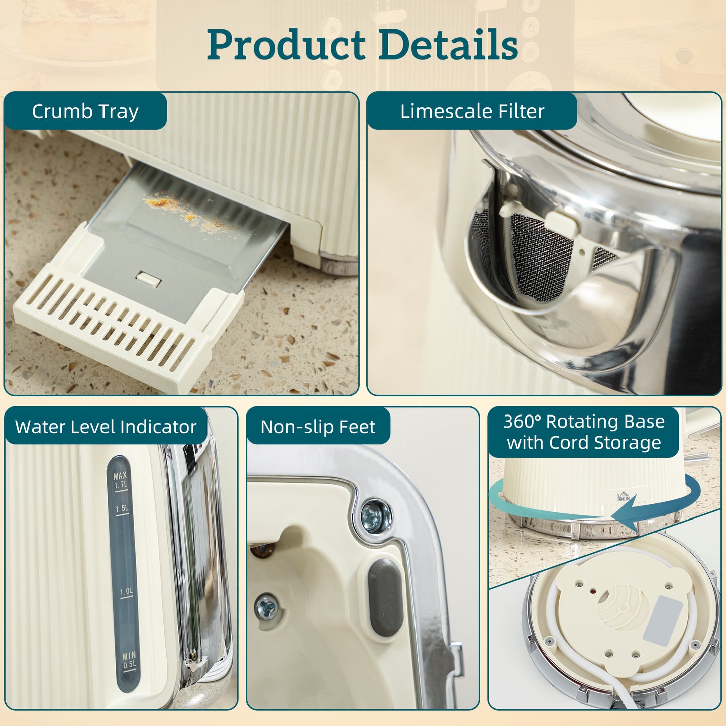 Electric Stainless Steel Kettle and Toaster Set, 3000W 1.7L UK Strix Thermostat Fast Boil Kettle w/ Limescale Filter