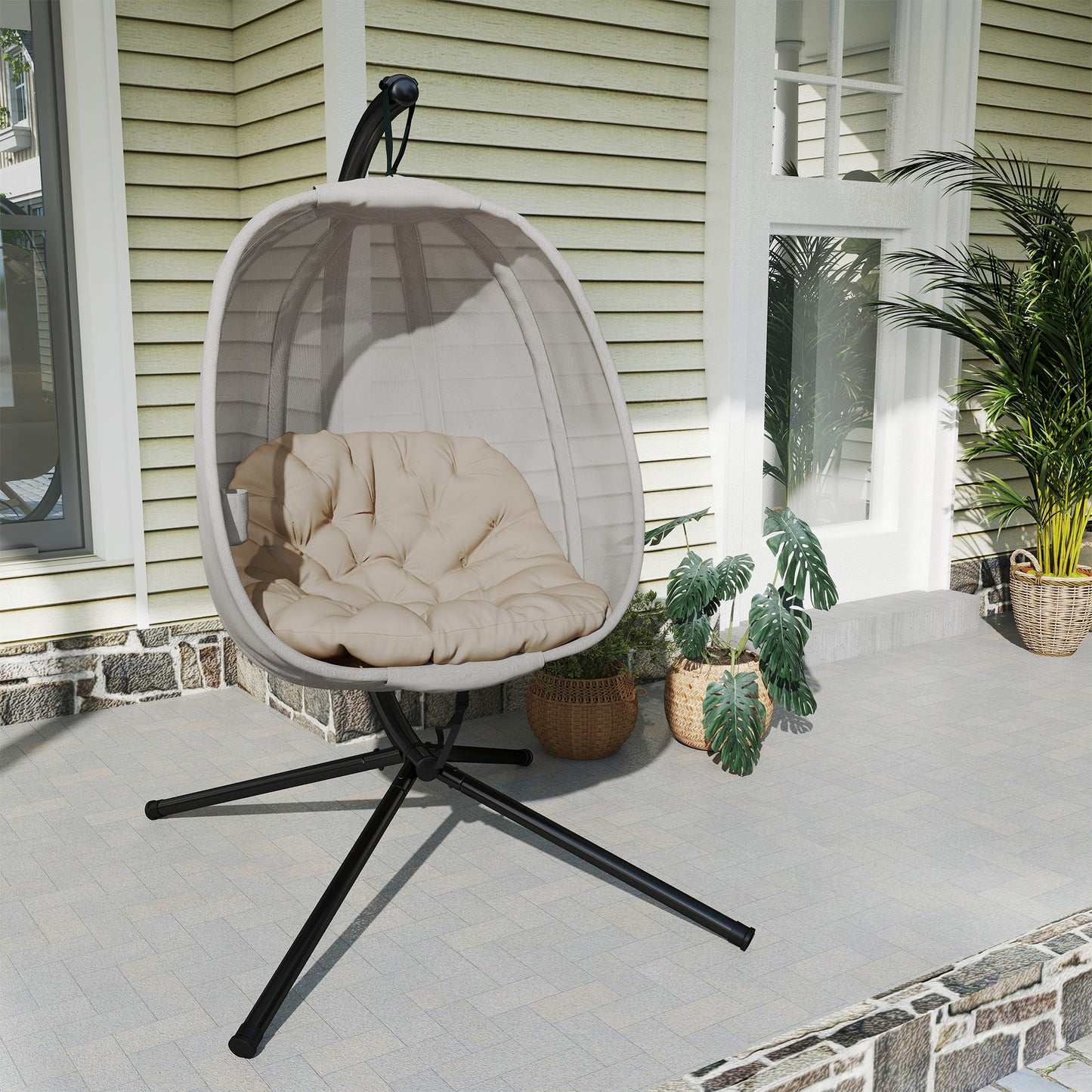 Hanging Egg Chair, Folding Texteline Swing Hammock with Side Pocket, Cushion and Stand for Indoor Outdoor