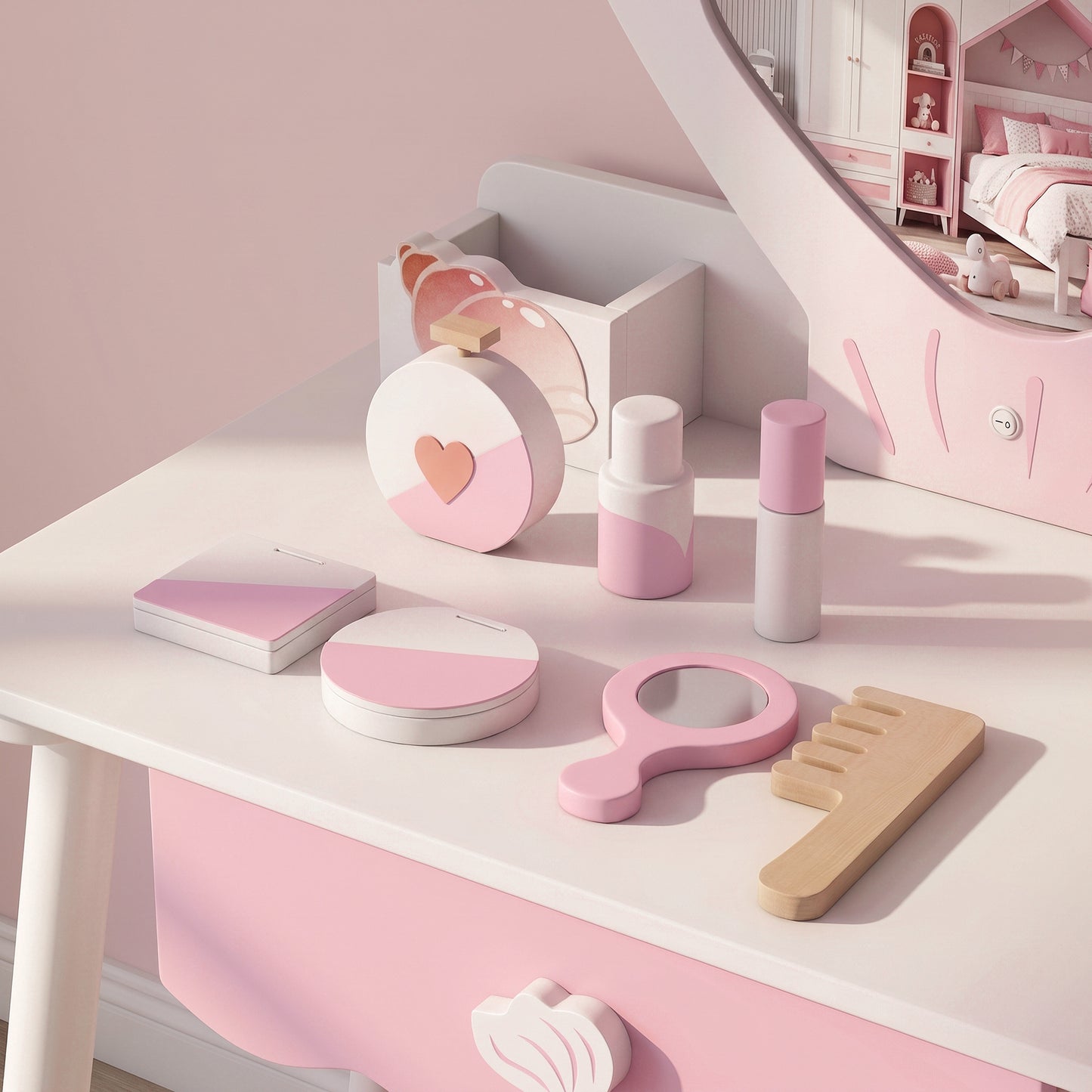 Kids Vanity Set, Kids Dressing Table with Chair, Acrylic Mirror, Lighted Bulbs, 7-Piece Accessories, for 3-8 Years, Pink