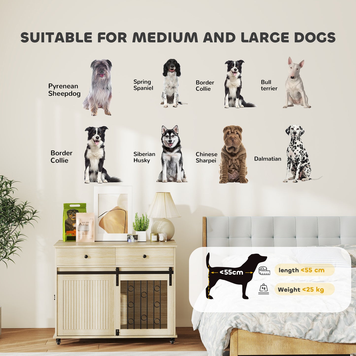 Dog Crate Furniture on Wheels, Dog Cage with 2 Drawers, Sliding Door, for Medium Large Dogs, Oak Tone