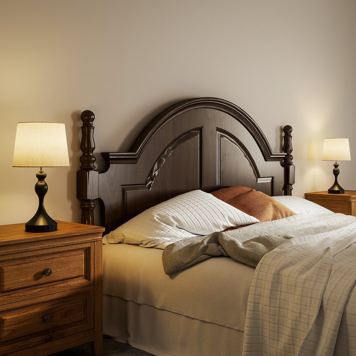 Set of Two Three-Colour Lamps, with USB Ports - Black/Beige