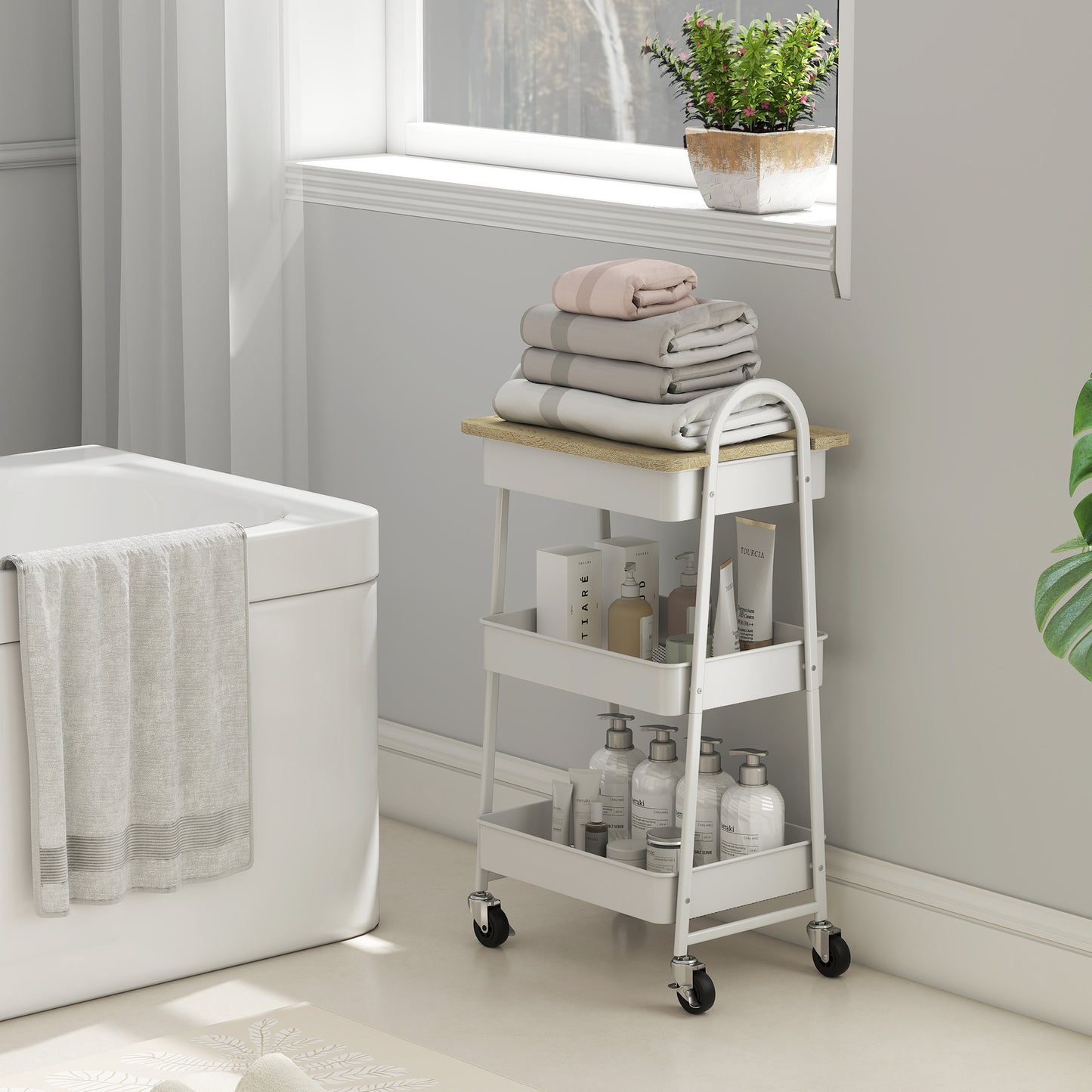 3-Tier Kitchen Storage Trolley with on Wheels Cover Top Board - White and Oak