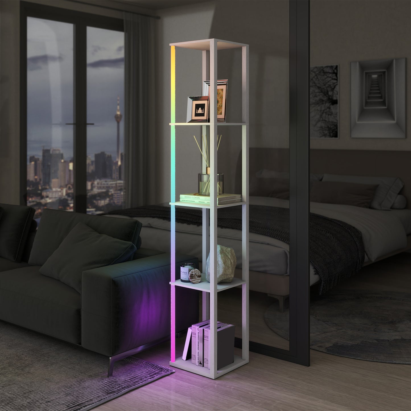 RGB LED Floor Lamp with Shelves, Modern Dimmable Standing Lamp with Remote Control