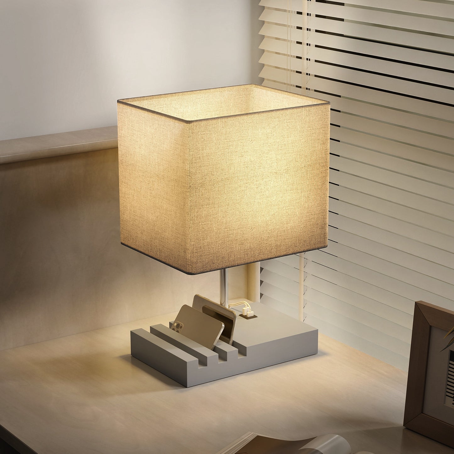 Bedside Lamp with USB A+C Charging Ports and 3 Phone Stands