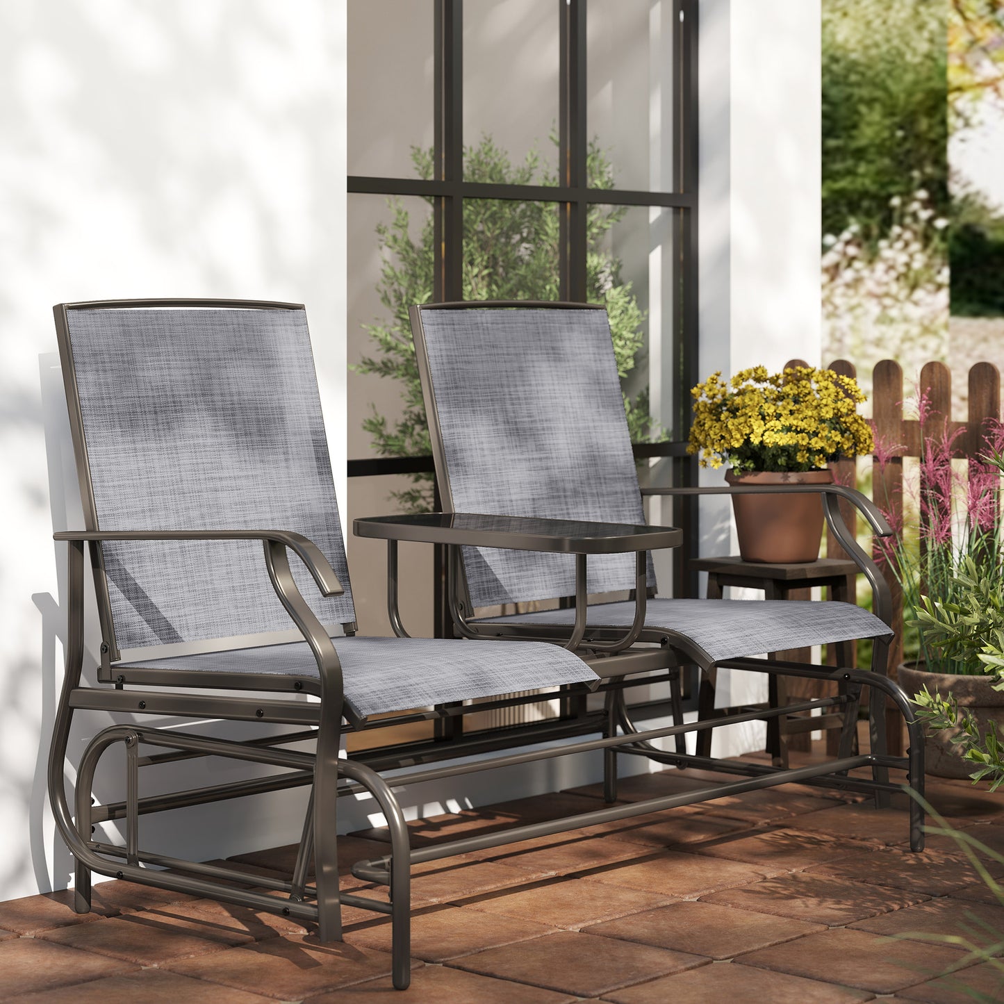 2 Seats Garden Glider Bench, Metal Frame Loveseat with Glass Top Centre Table, Porch Rocking Glider for 2 Person, for Deck