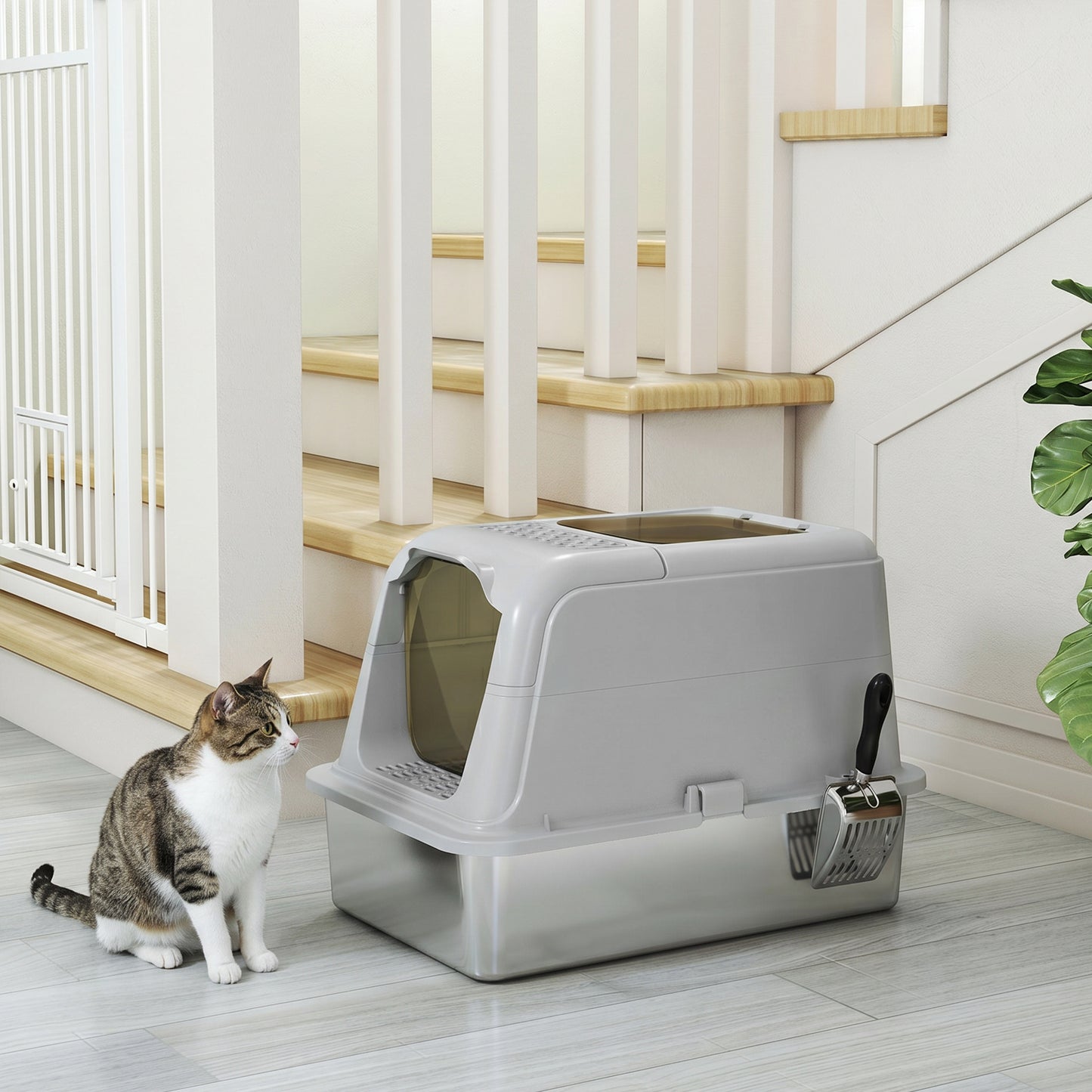 Extra Large Stainless Steel Litter Box, Enclosed Cat Litter Tray with Scoop, Deodorizer Bag, Front-Entry and Top-Exit