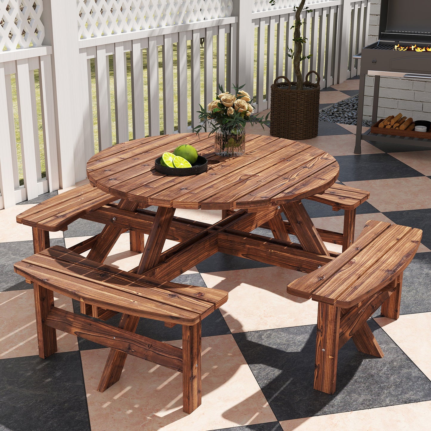 Wooden Garden Dining Set, 8 Seater Patio Furniture Set with Round Picnic Table, Parasol Hole for Outdoor Garden, Tan