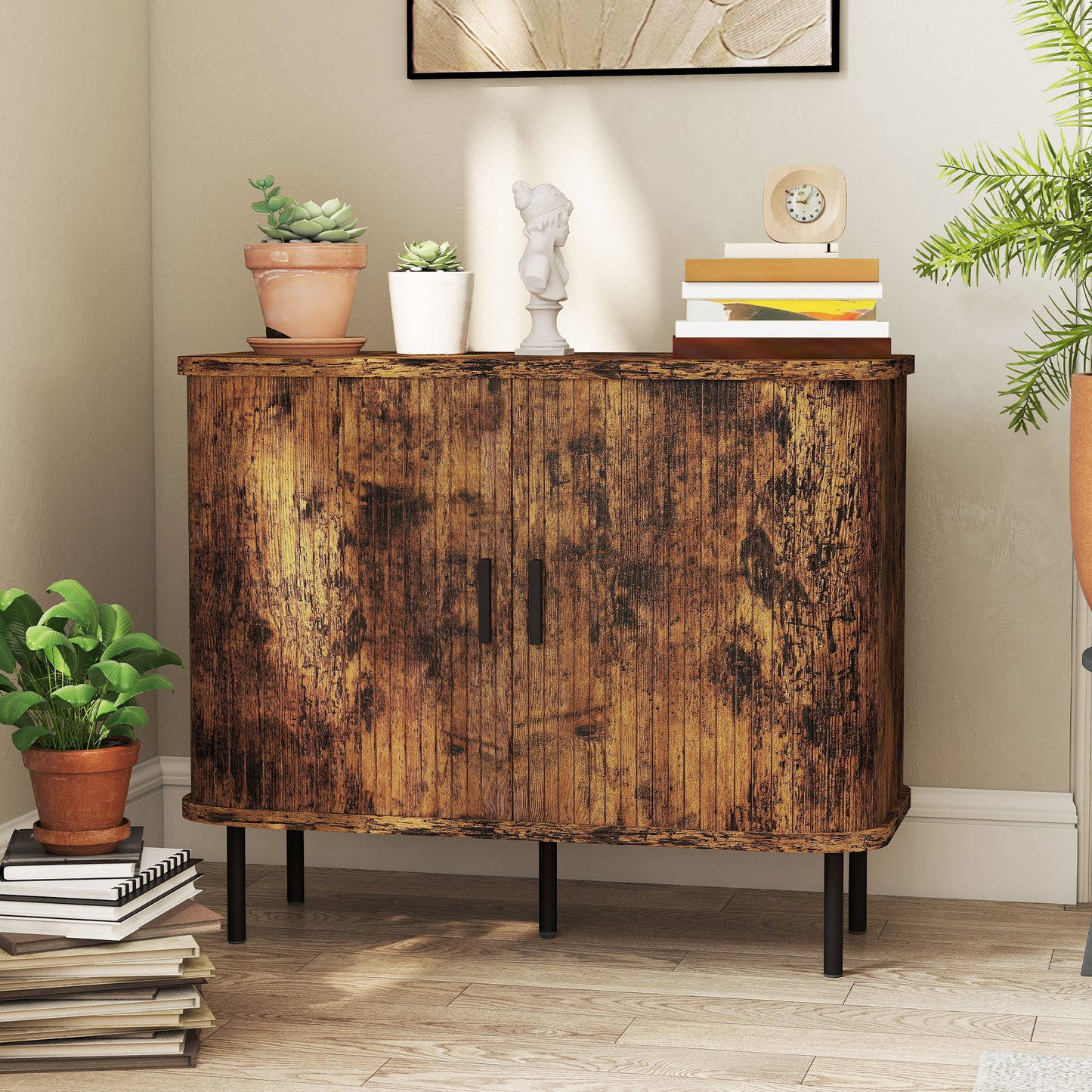 Mid-Century Modern Sideboard Storage Cabinet with Slatted Tambour Sliding Doors, Kitchen Cabinet with Steel Legs