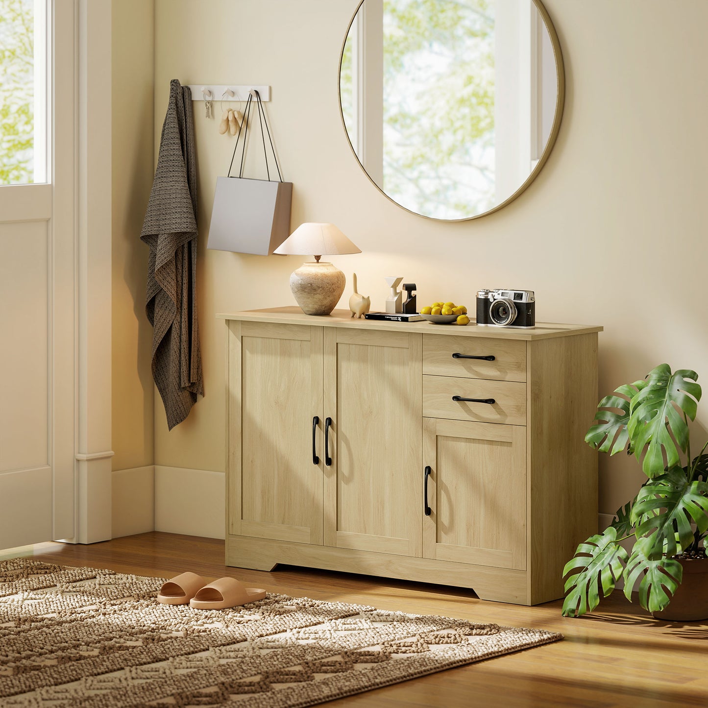 Sideboard with 2 Drawers Modern Storage Cabinet, Kitchen Cupboard with Adjustable Shelf and 3 Doors Natural
