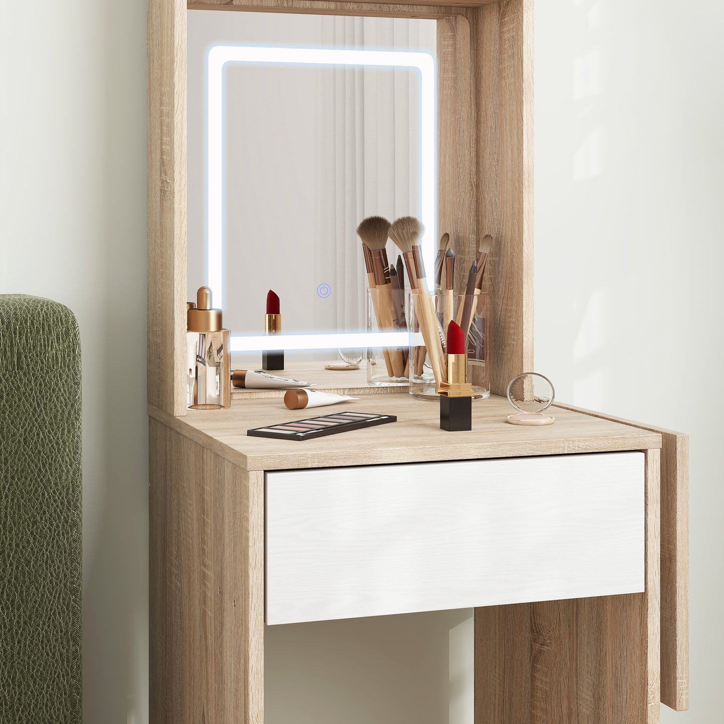Small Vanity Desk with Mirror and LED Lights, Compact Dressing Table with Drop Leaf, Open Shelves, Natural Wood