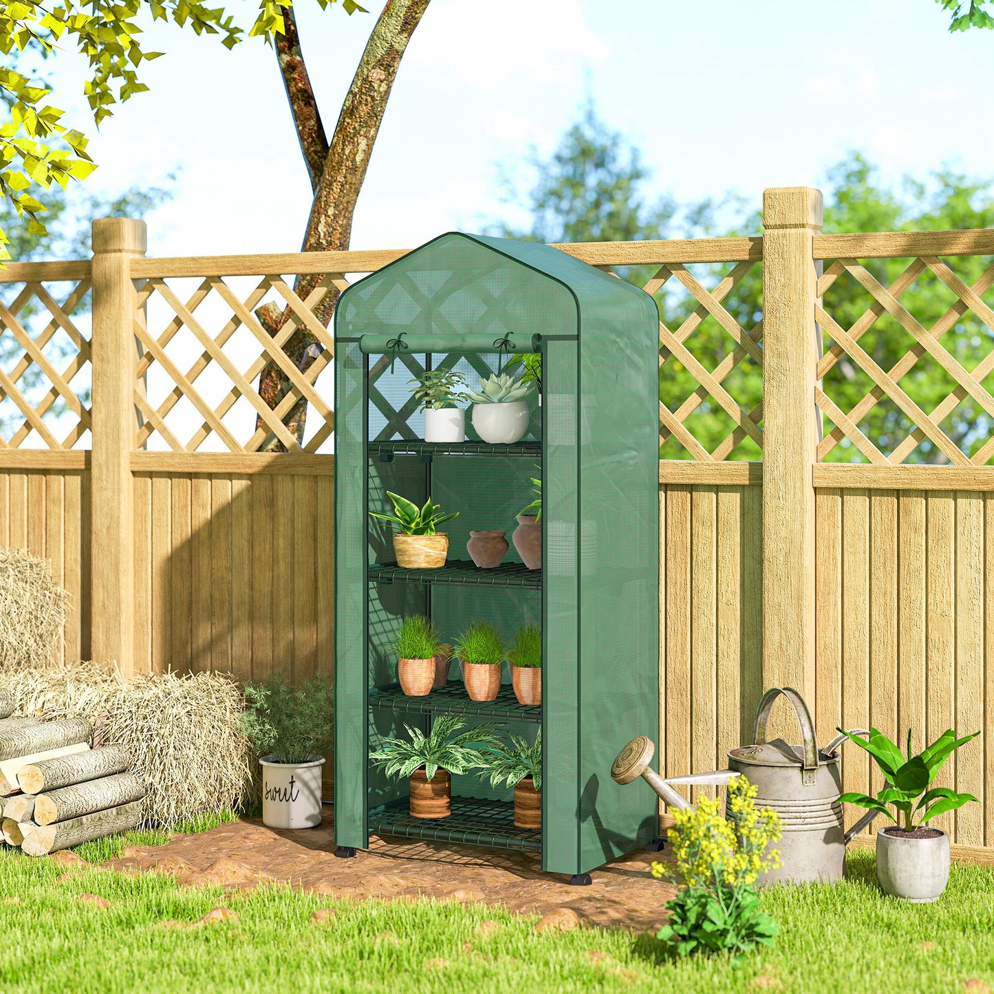 4 Tier Mini Portable Greenhouse Compact Plant Grow Shed Metal Frame PE Cover with Lockable Rolling Wheels , Green