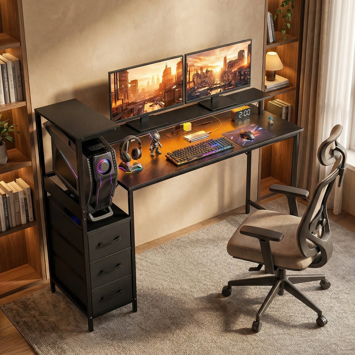 147cm Gaming Desk with Charging Station and Monitor Stand, Computer Table for Home Office with RGB Lights, Black