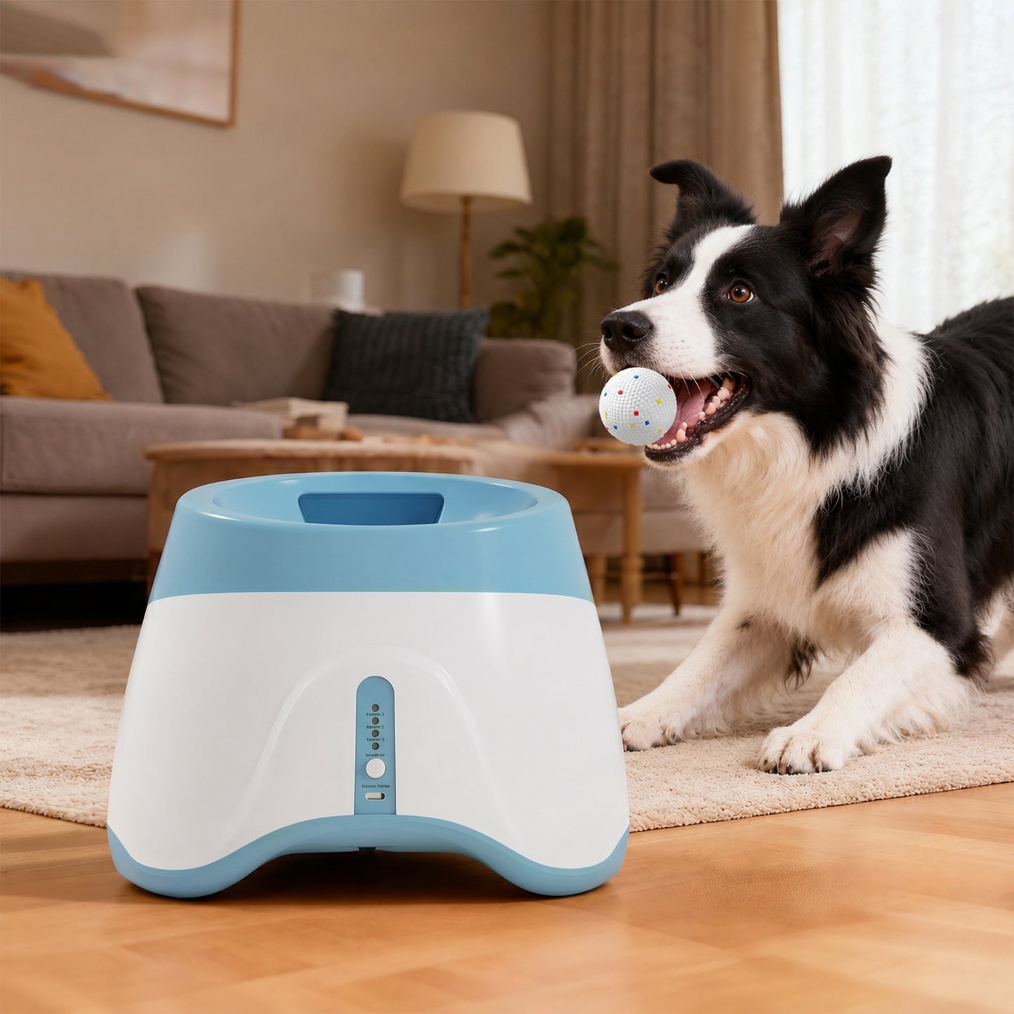 Automatic Dog Ball Launcher with 5 ETPU Balls 5.8 cm, 3 Distance Settings 6/10/14 m, Blue