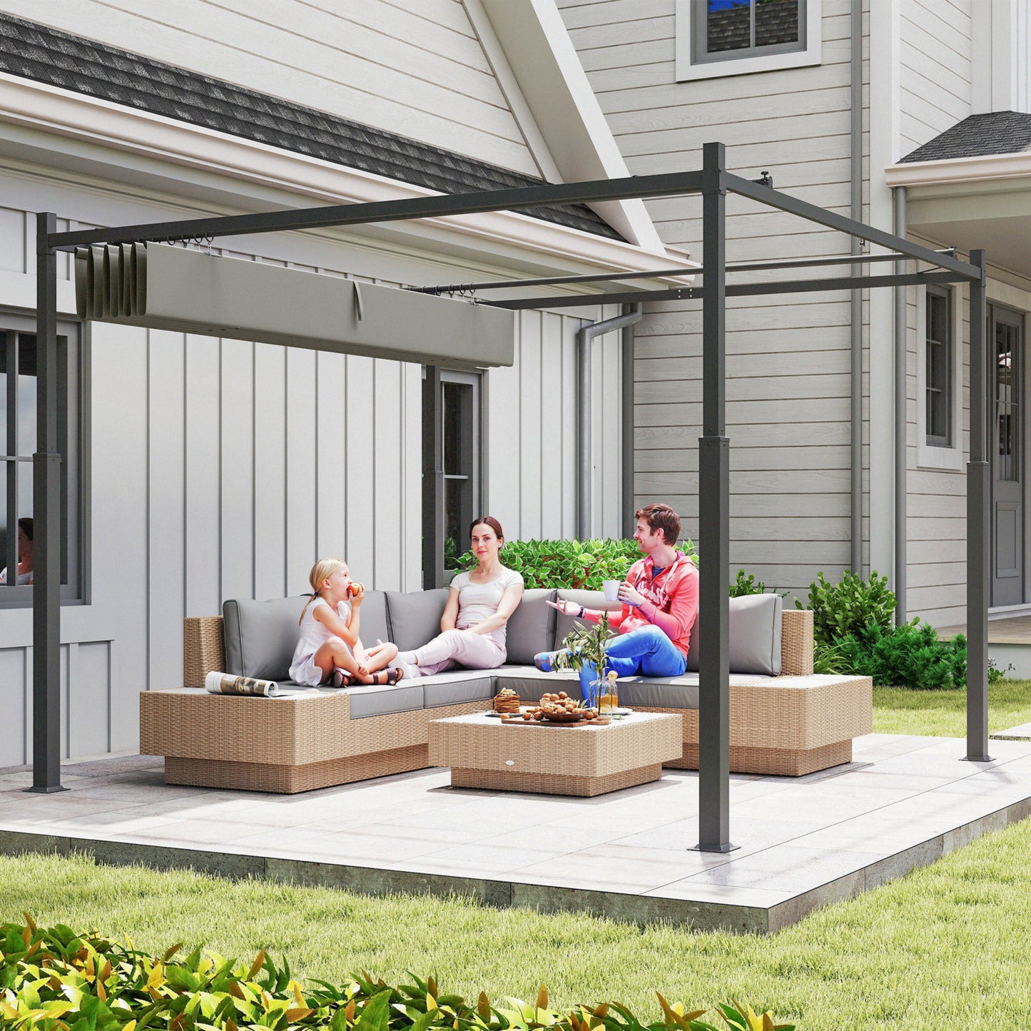 3 x 3(m) Metal Pergola with Retractable Roof and Magnetic Fixture, Outdoor Gazebo Garden Pergola Kit Sun Shade Canopy