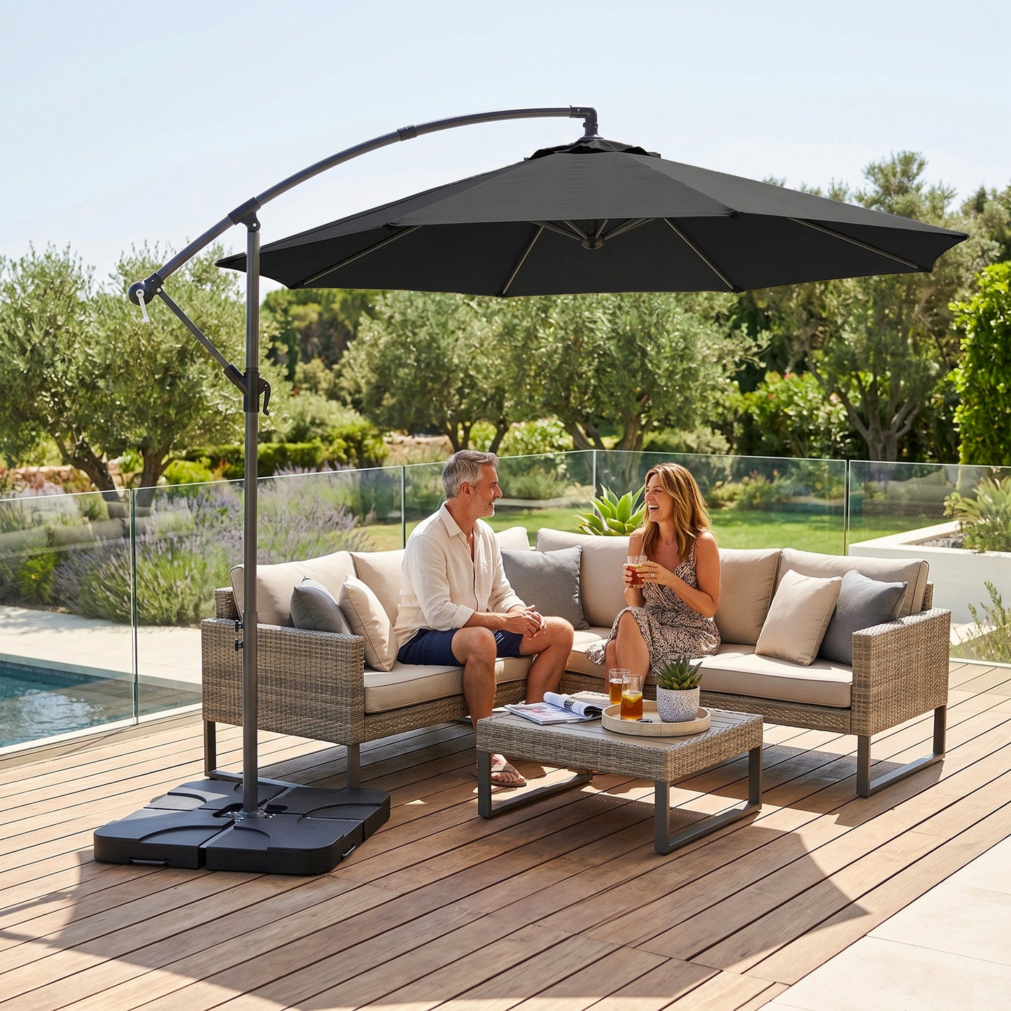 3m Overhanging Parasol, with Base, Weights and Cover - Black