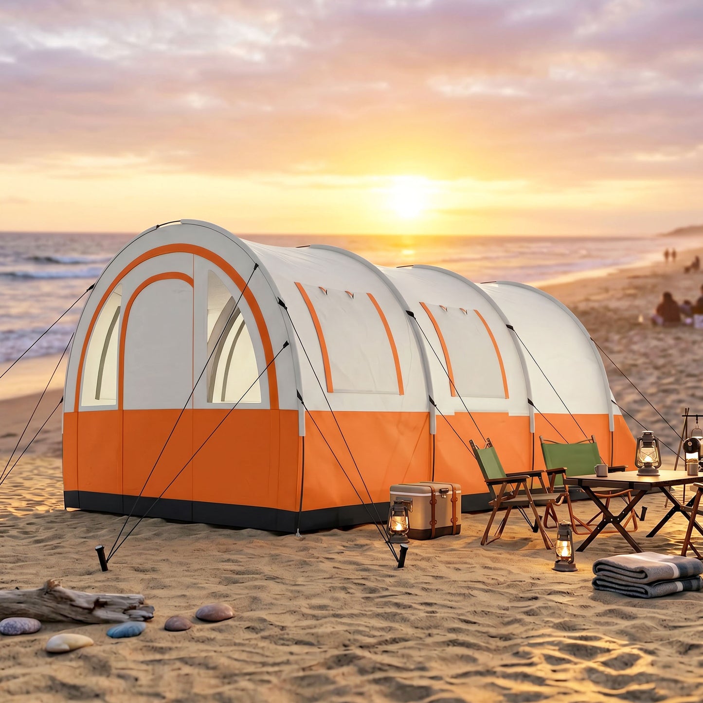 Three Man Duo Room Tunnel Tent, with Accessories - Cream/Orange