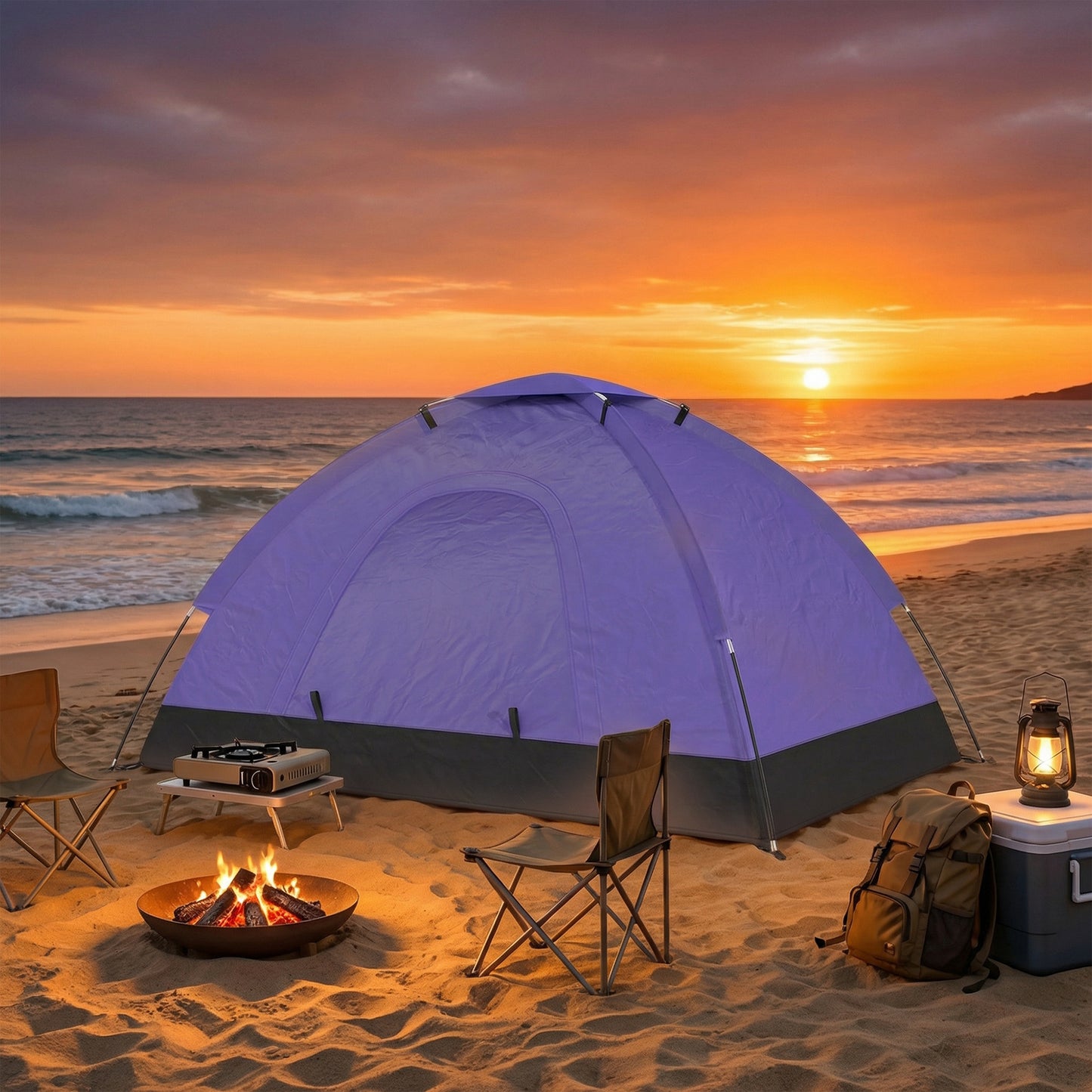 2 Person Camping Tent, Dome Tent with Zipped Doors, Storage Pocket, Portable Handy Bag, Light Purple