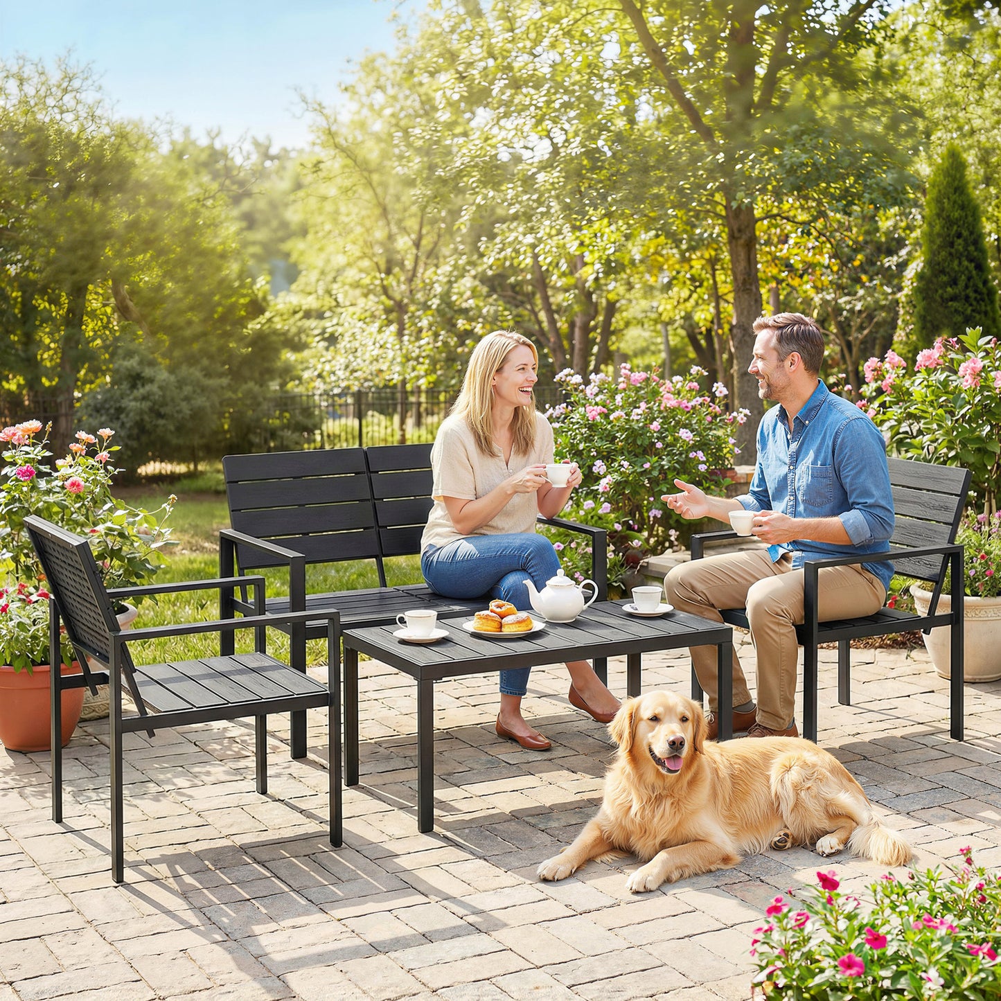 4 Piece Garden Furniture Set, Outdoor Sofa Set with HDPE Slatted Loveseat Armchairs Coffee Table Metal Frame, Black