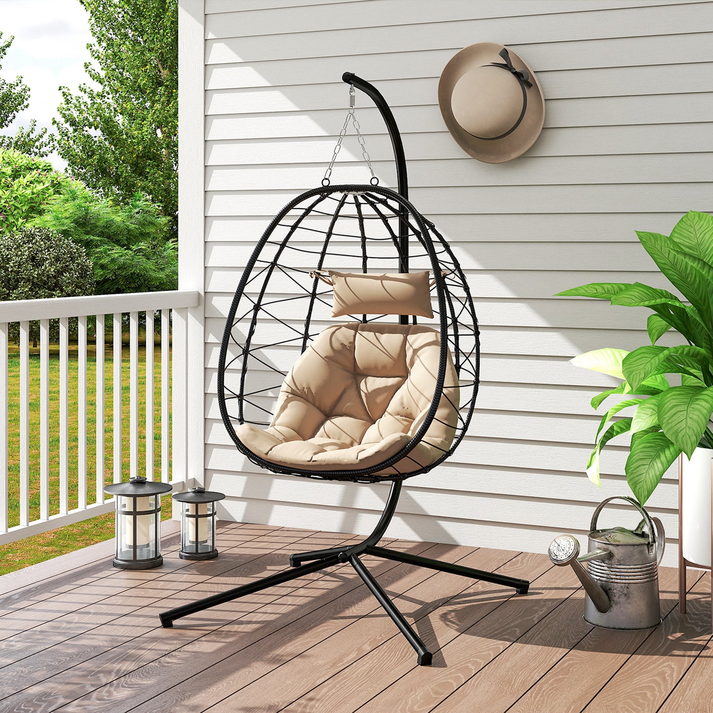 Hanging Egg Chair Outdoor Indoor Garden Swing Chair with Folding Basket, Thickened Cushion, Garden Hanging Chair with Stand