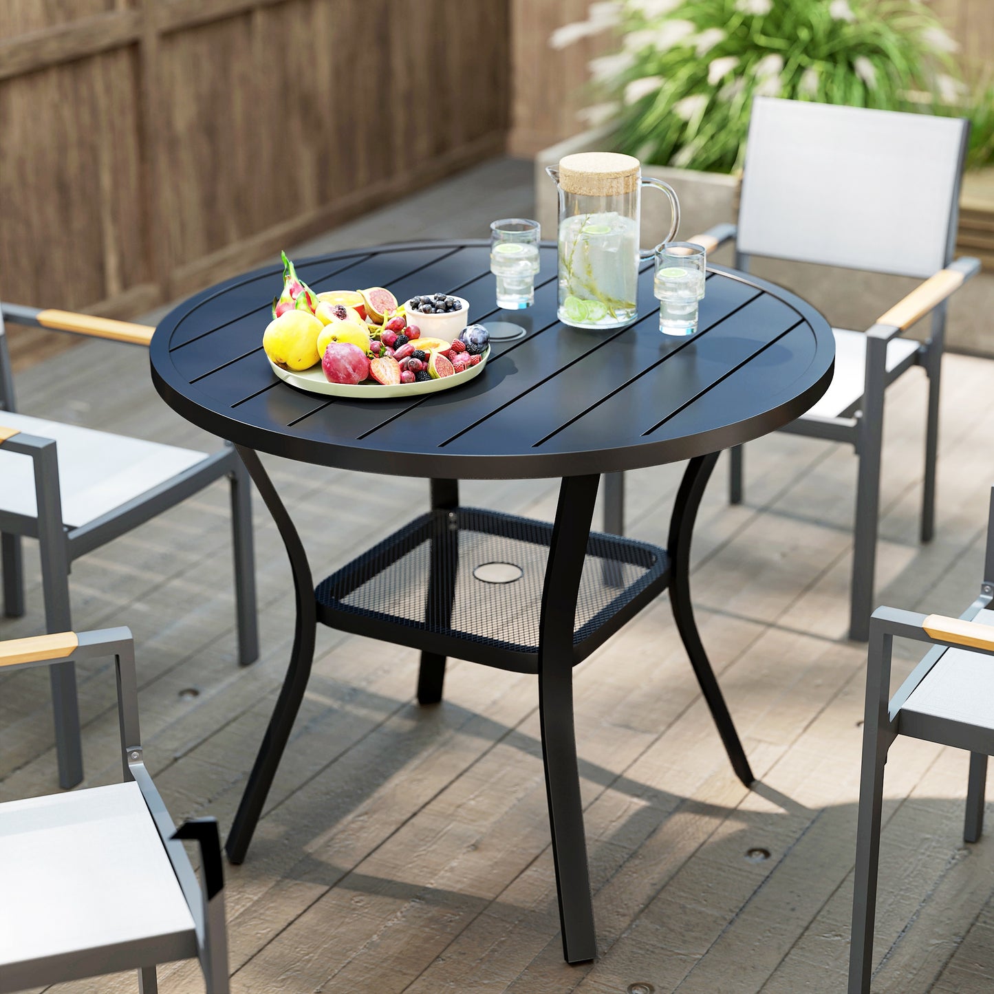 90 cm Garden Dining Table with 4-5 cm Parasol Hole, Round Outdoor Dining Table, Steel Garden Table