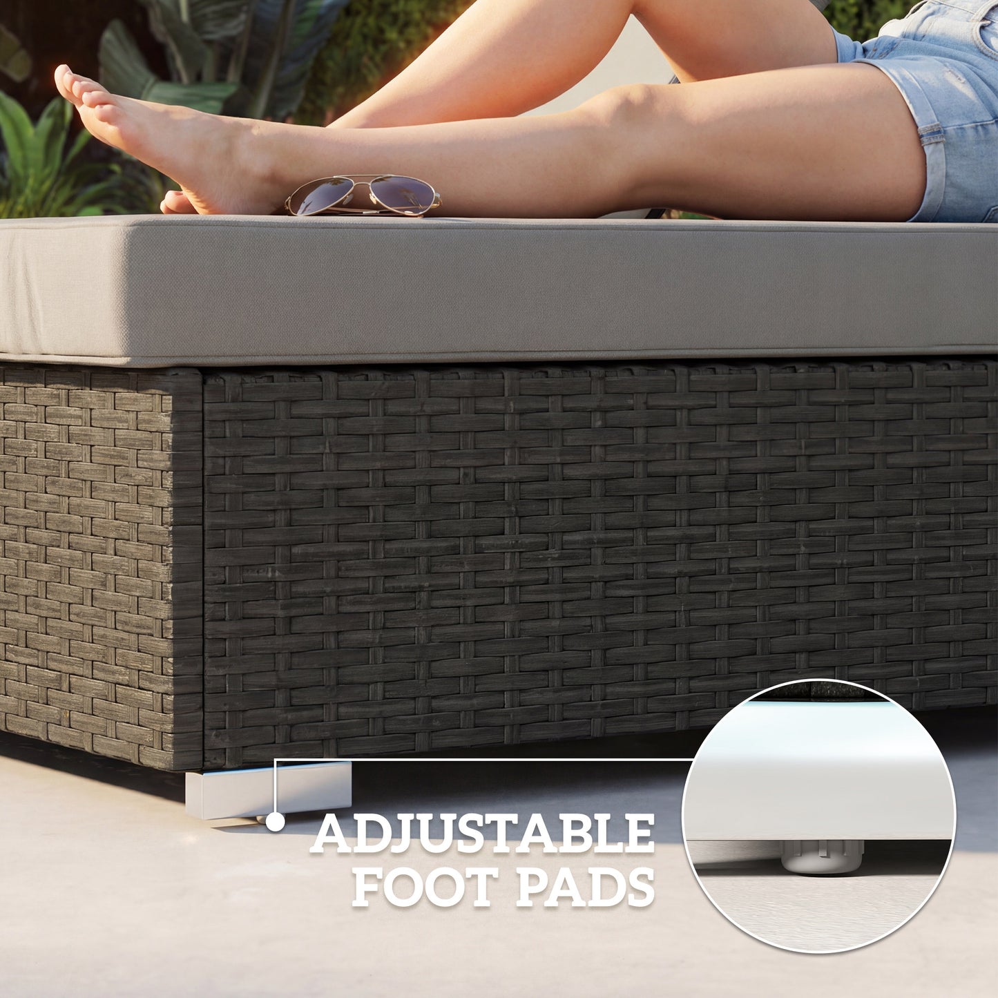 Rattan Sun Loungers Set of 2 with Side Table, Garden Recliner Sunbeds with Adjustable Back, Cushions, Dark Grey